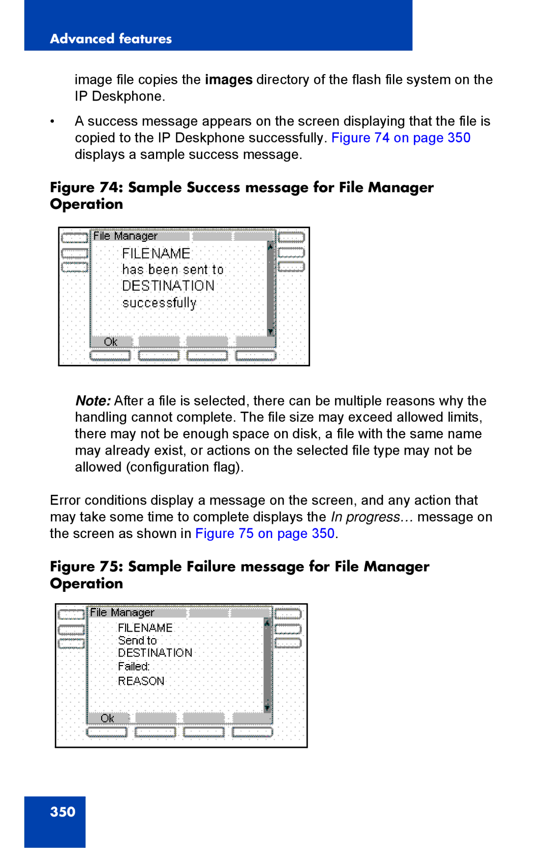 Avaya 1040E manual Sample Success message for File Manager Operation 