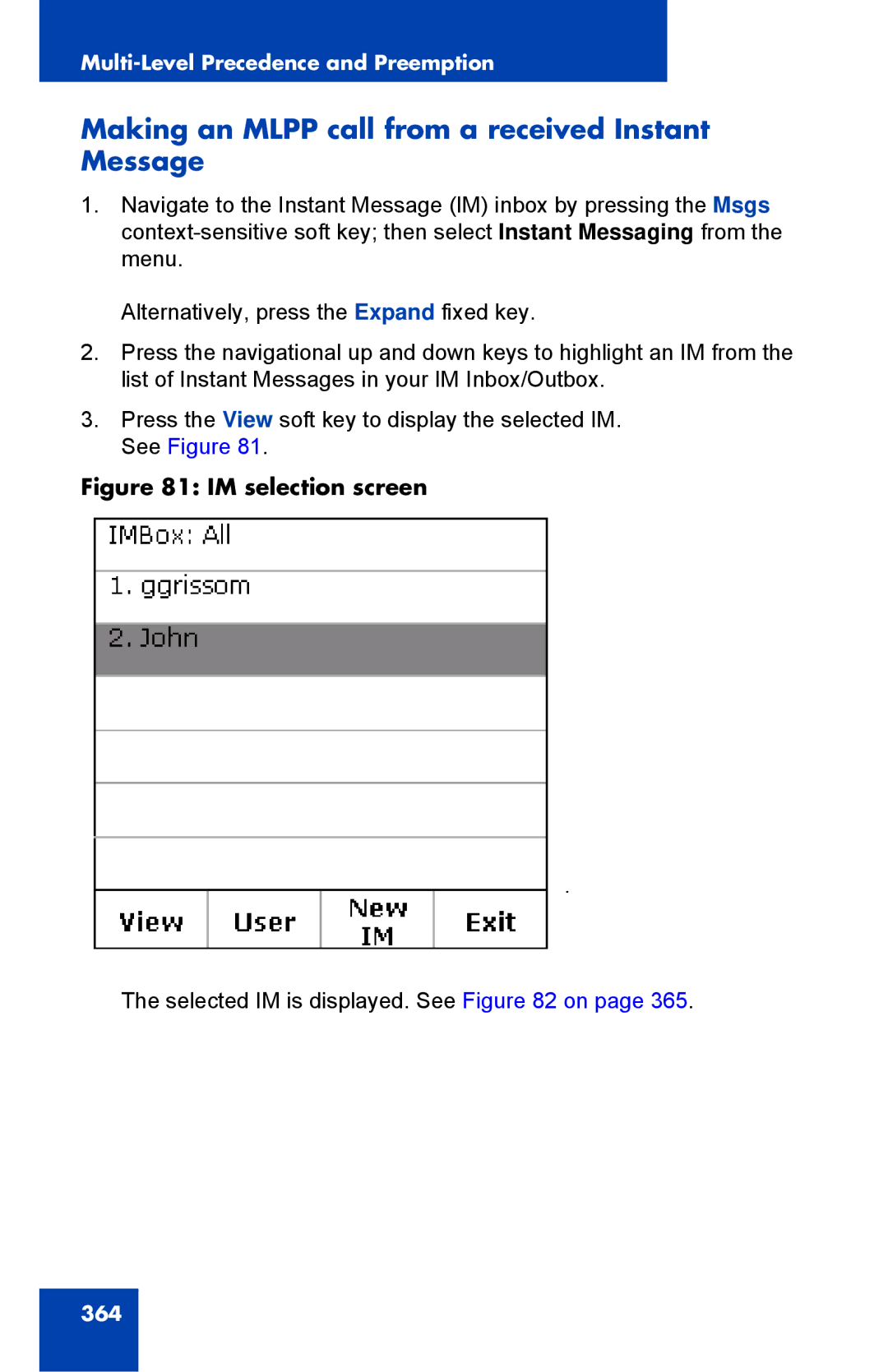 Avaya 1040E manual Making an Mlpp call from a received Instant Message, IM selection screen 