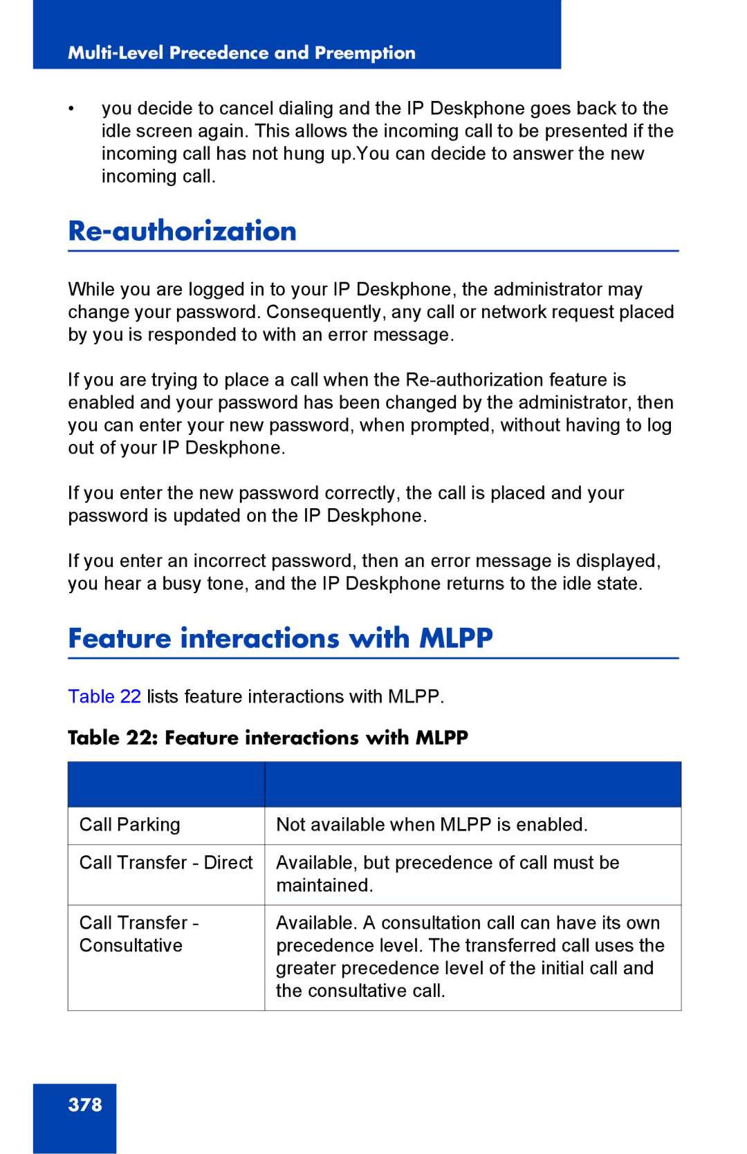 Avaya 1040E manual Re-authorization, Feature interactions with Mlpp 