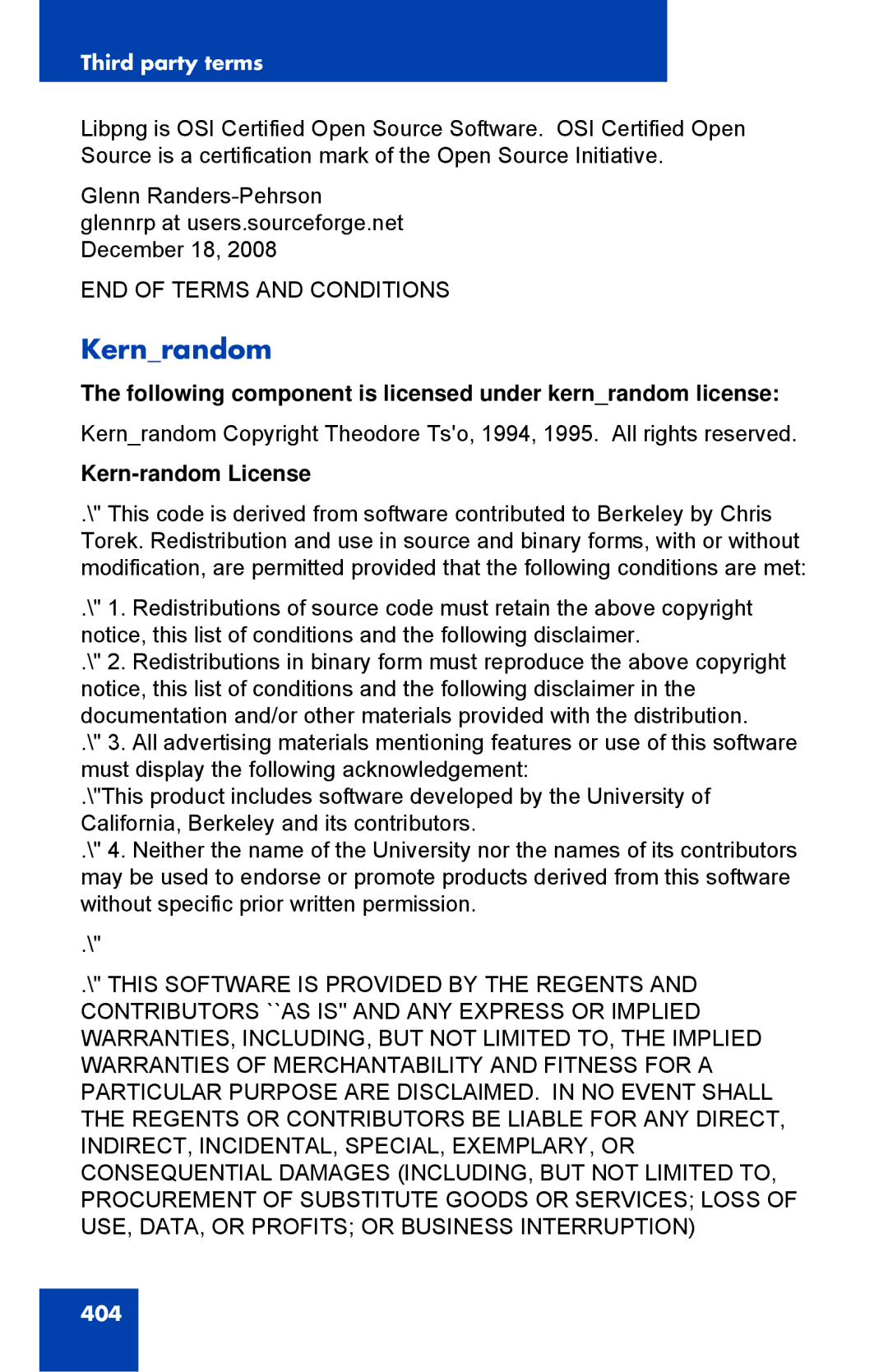 Avaya 1040E manual Kernrandom, Following component is licensed under kernrandom license, Kern-random License 