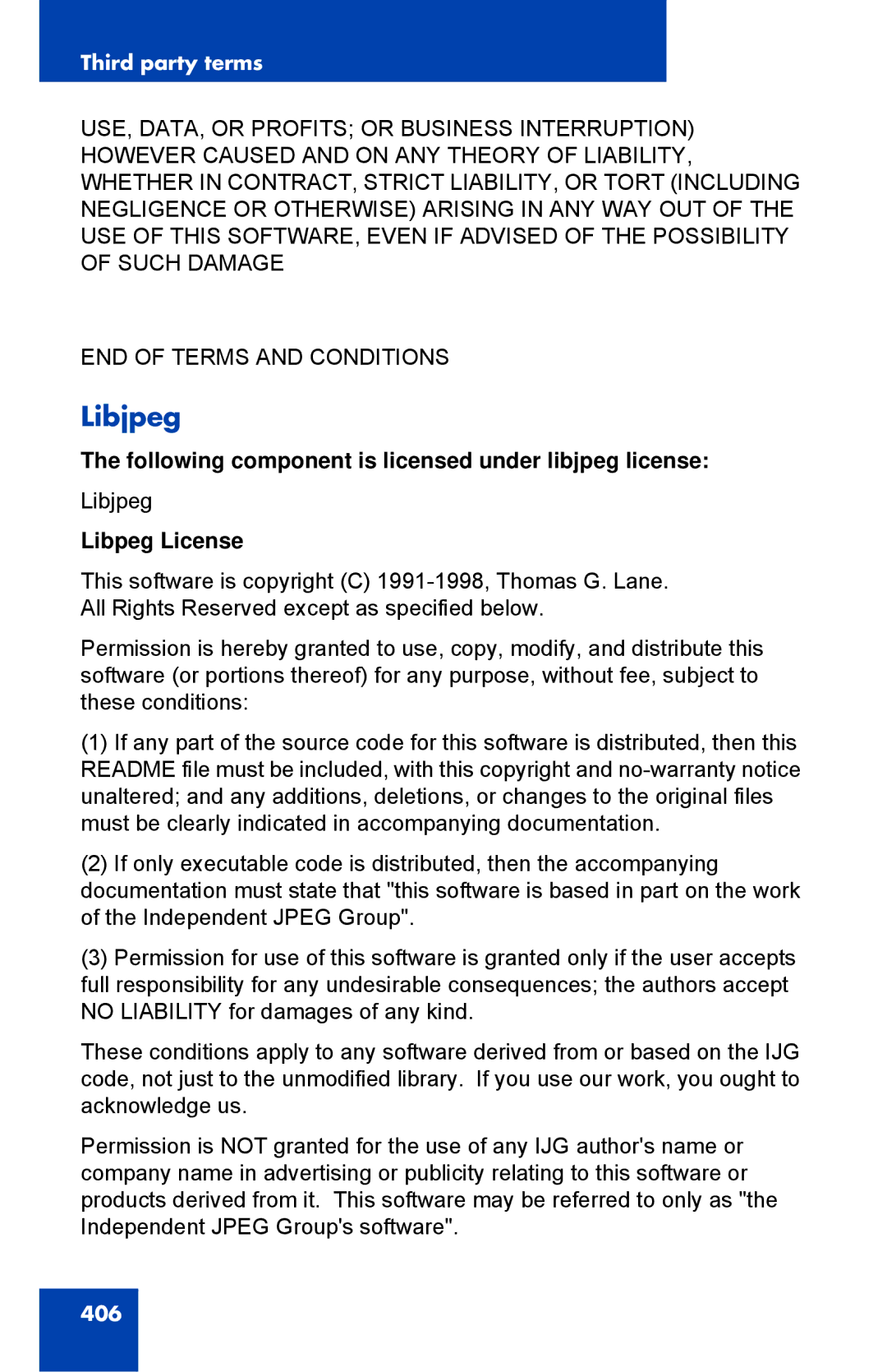 Avaya 1040E manual Libjpeg, Following component is licensed under libjpeg license, Libpeg License 