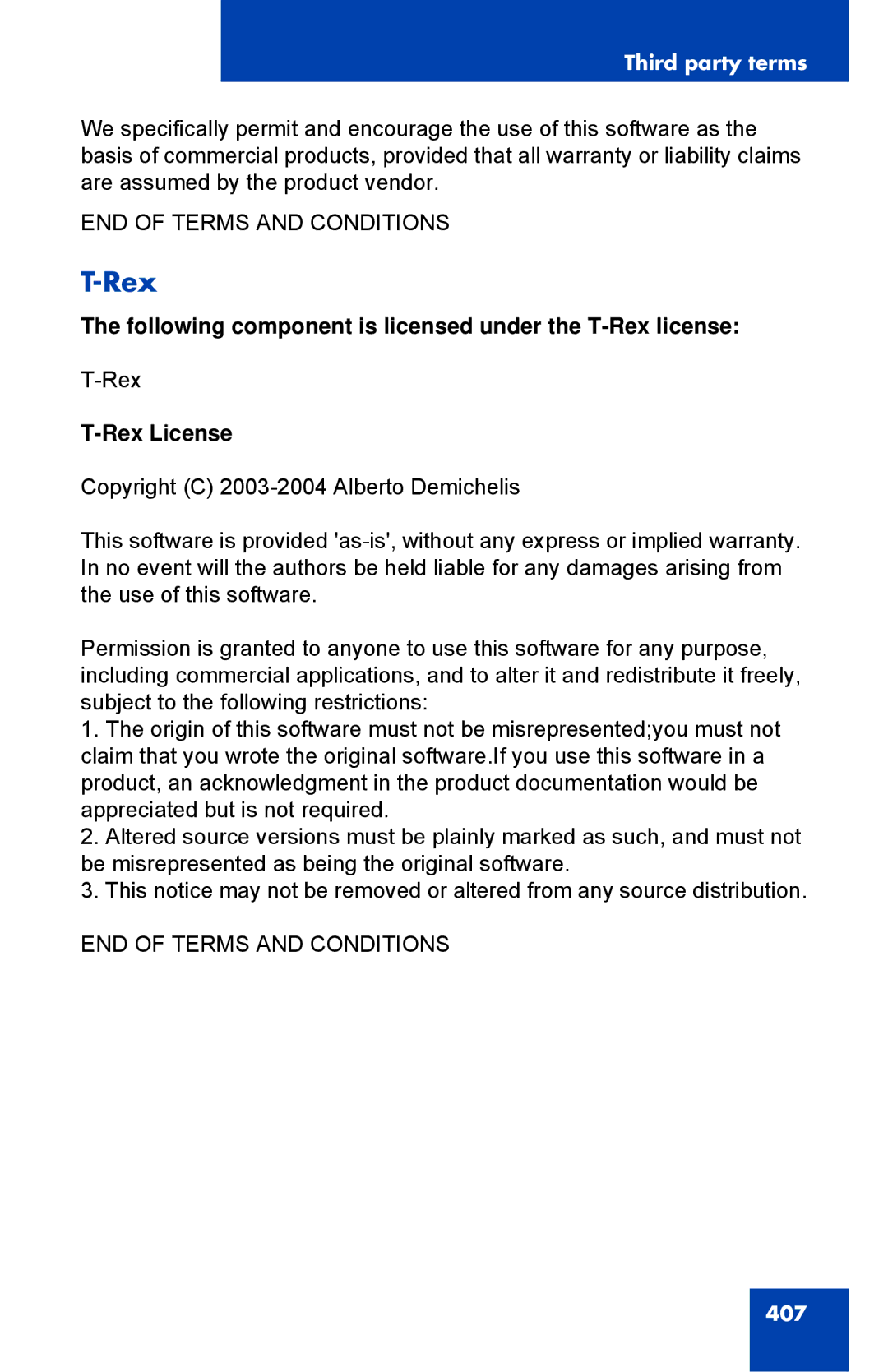 Avaya 1040E manual Following component is licensed under the T-Rex license, Rex License 