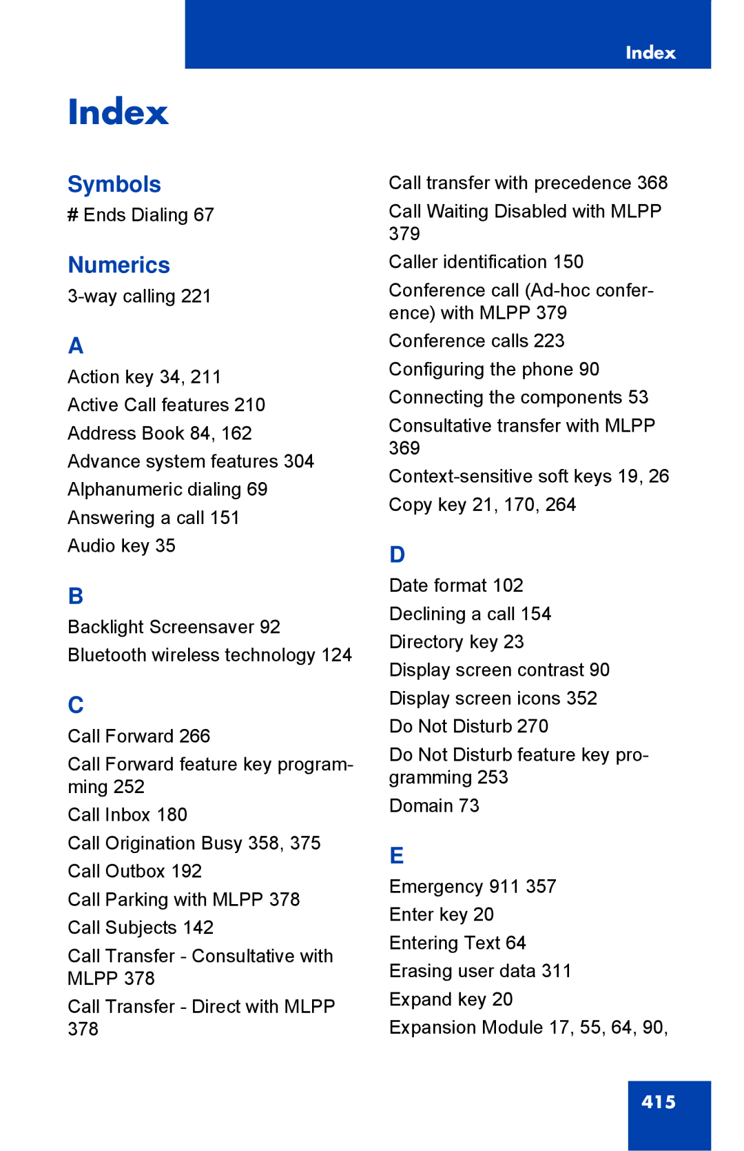 Avaya 1040E manual Index, Symbols, Numerics 