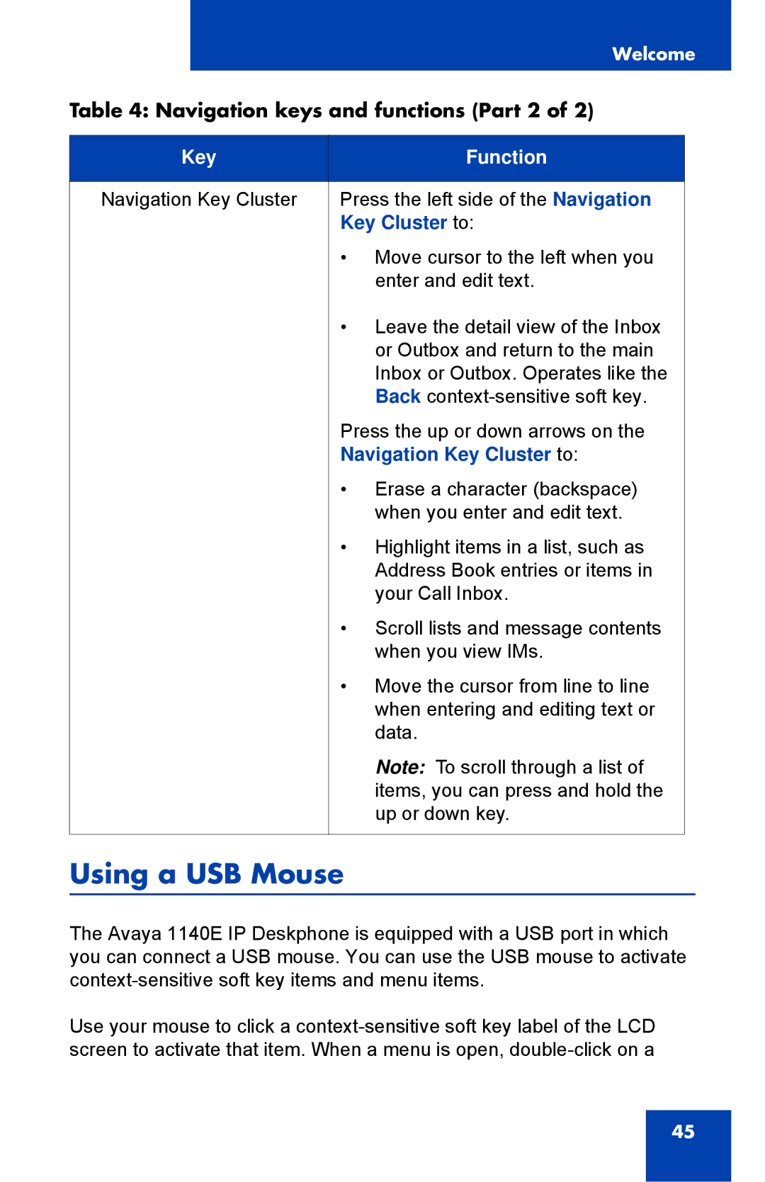 Avaya 1040E manual Using a USB Mouse, Navigation keys and functions Part 2 