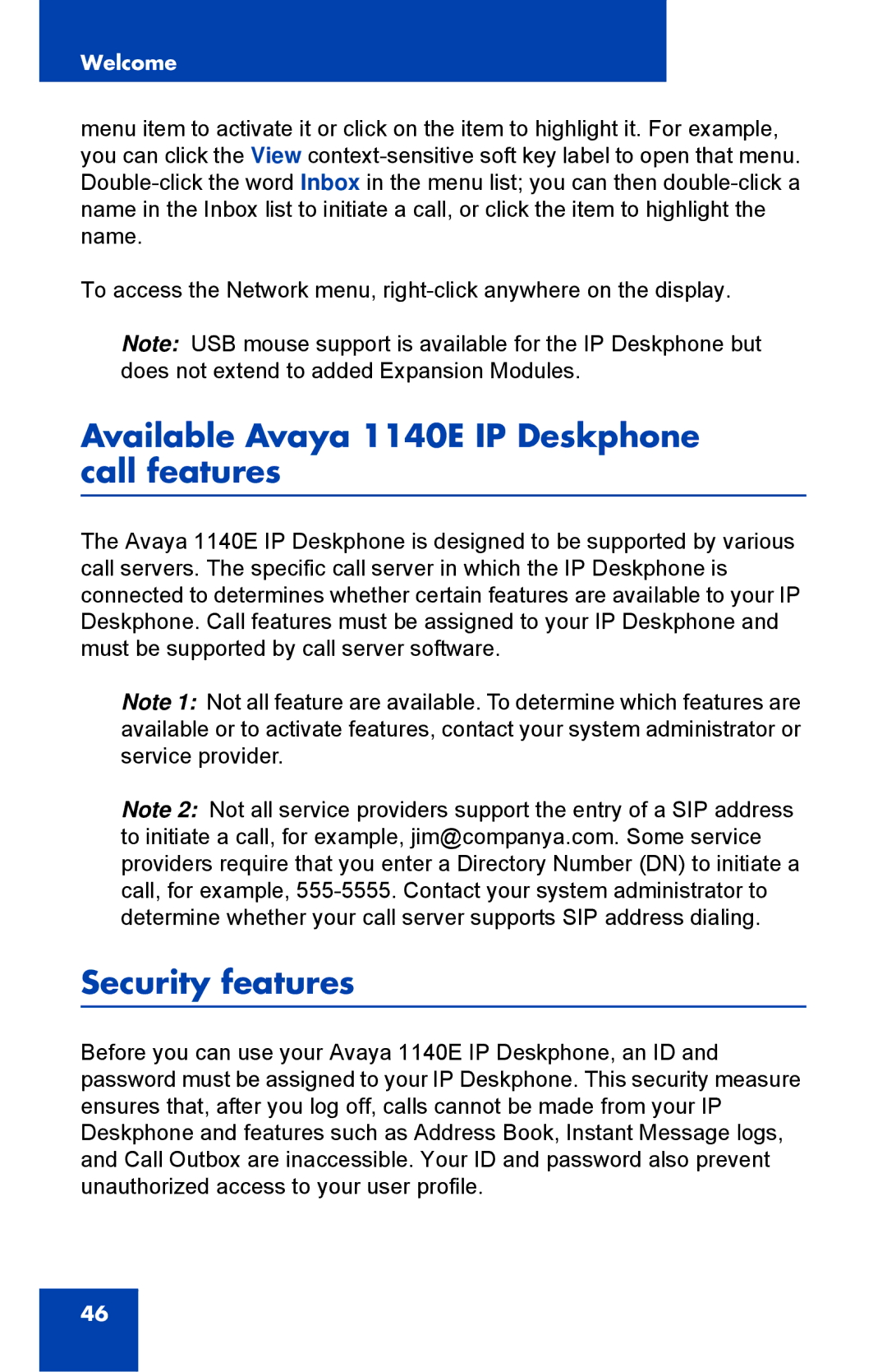 Avaya 1040E manual Available Avaya 1140E IP Deskphone call features, Security features 