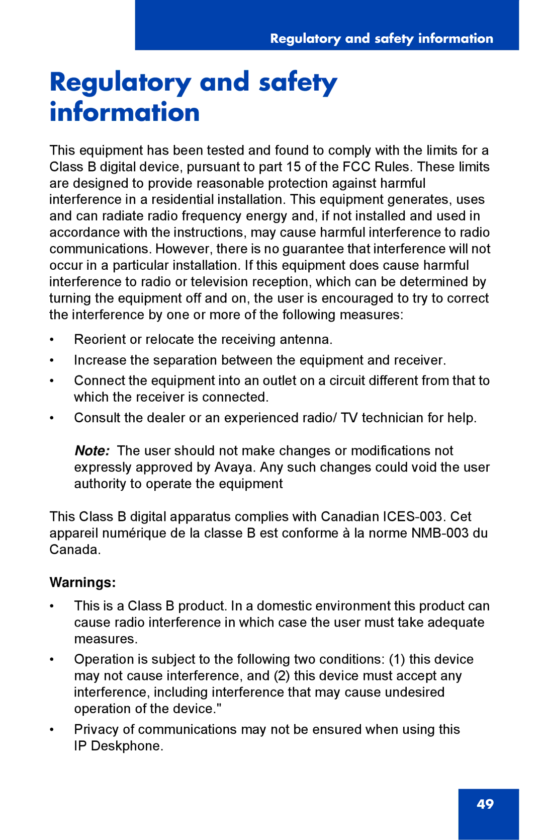 Avaya 1040E manual Regulatory and safety information 