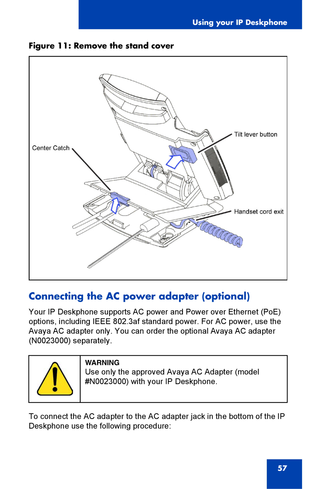 Avaya 1040E manual Connecting the AC power adapter optional, Remove the stand cover 