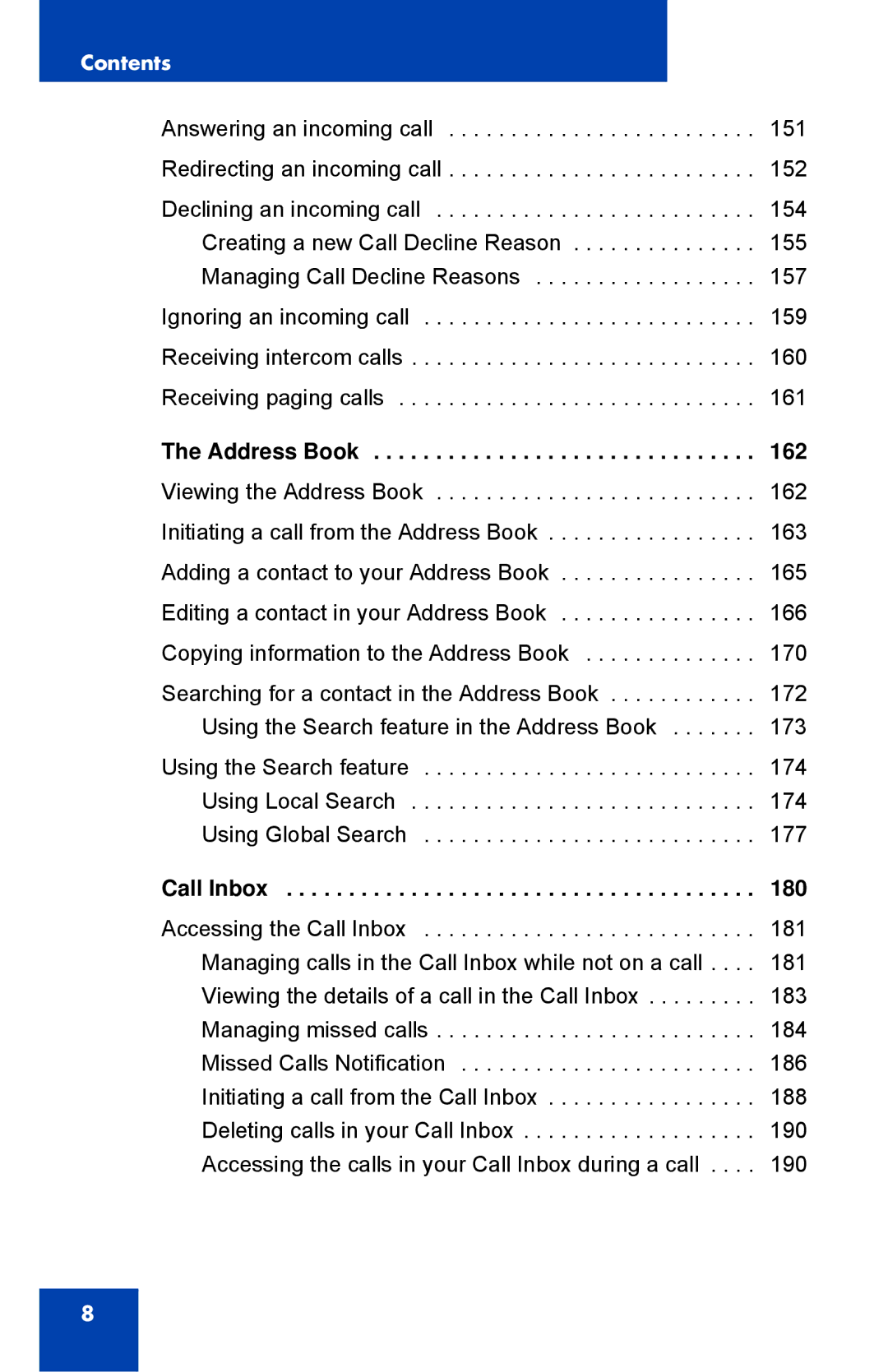 Avaya 1040E manual Address Book, 180 