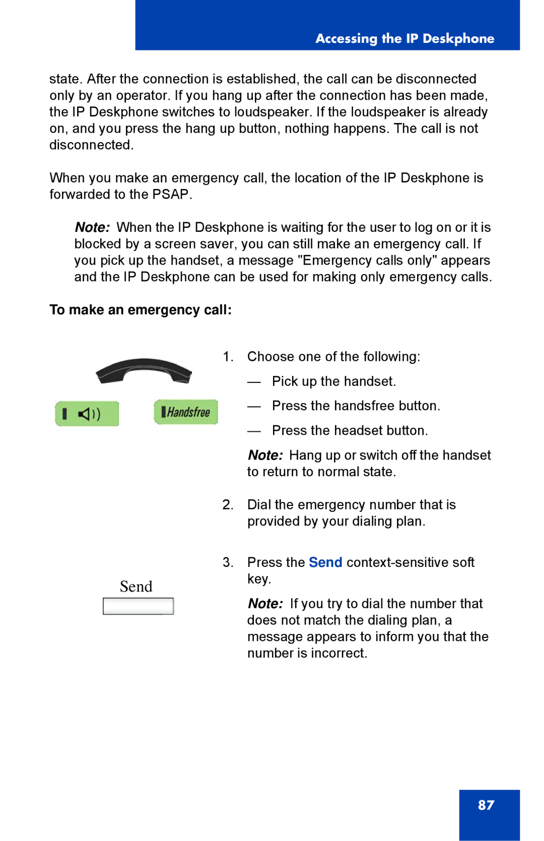 Avaya 1040E manual Sendkey, To make an emergency call 