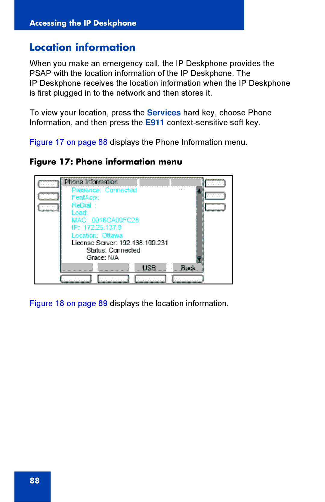 Avaya 1040E manual Location information, Phone information menu 