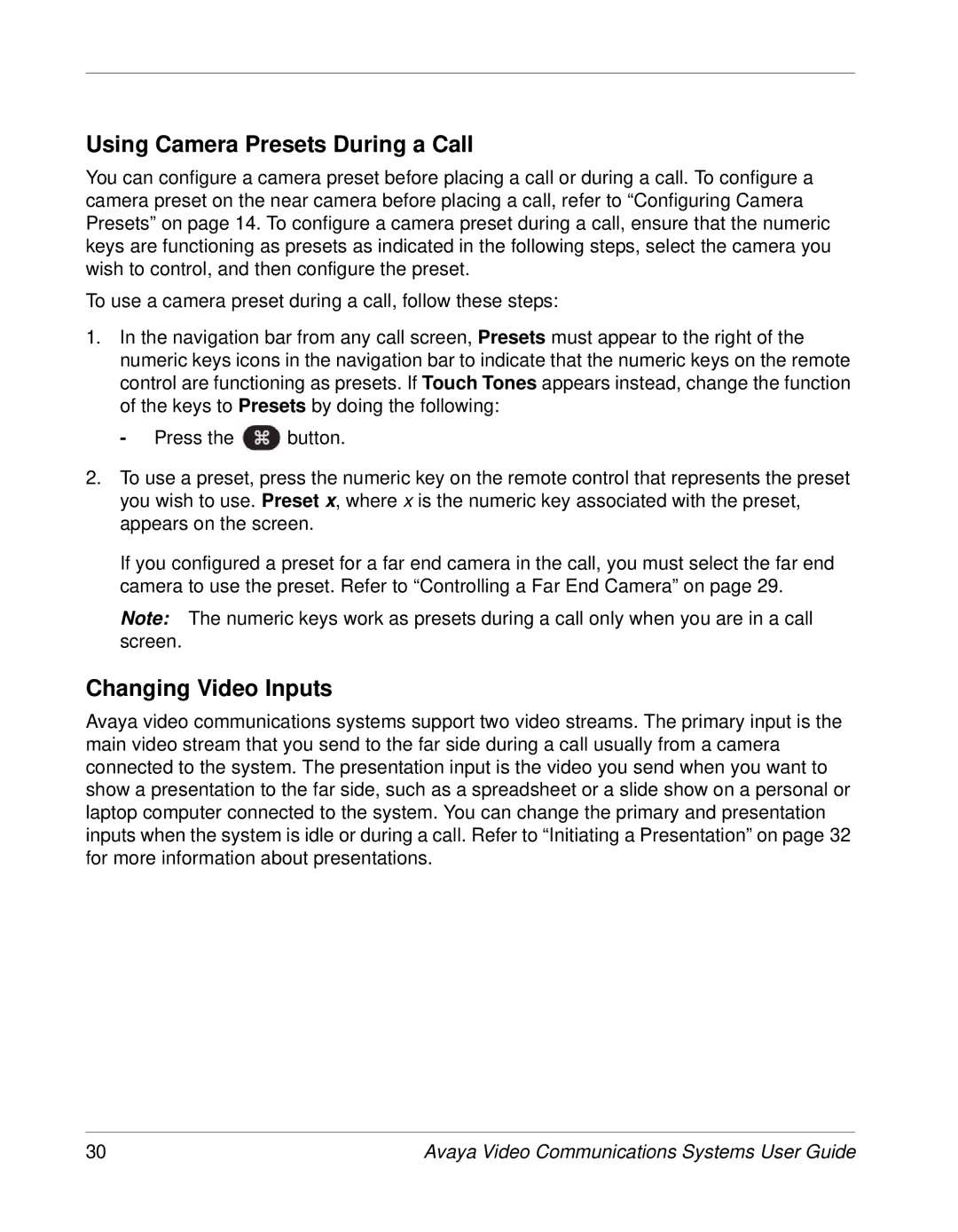 Avaya 1050, 1030, 1040 manual Using Camera Presets During a Call, Changing Video Inputs 