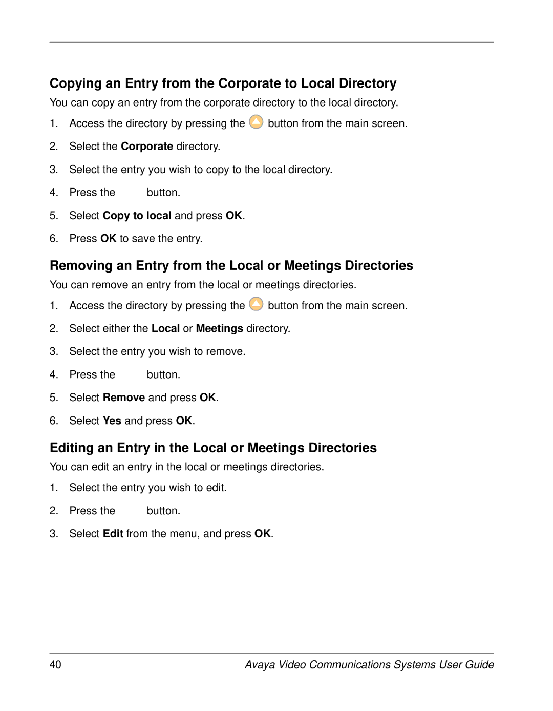 Avaya 1030 Copying an Entry from the Corporate to Local Directory, Editing an Entry in the Local or Meetings Directories 