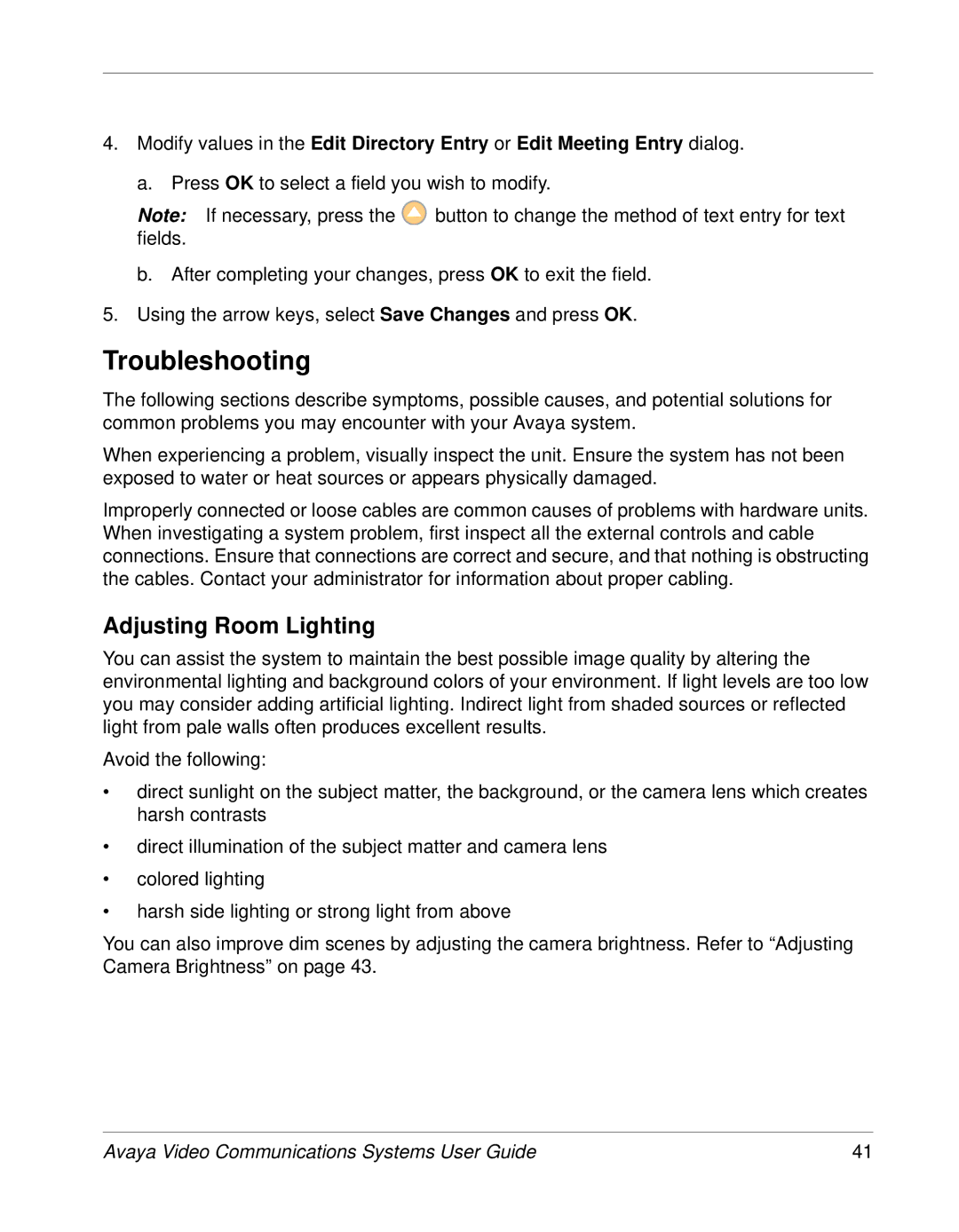 Avaya 1040, 1050, 1030 manual Troubleshooting, Adjusting Room Lighting 