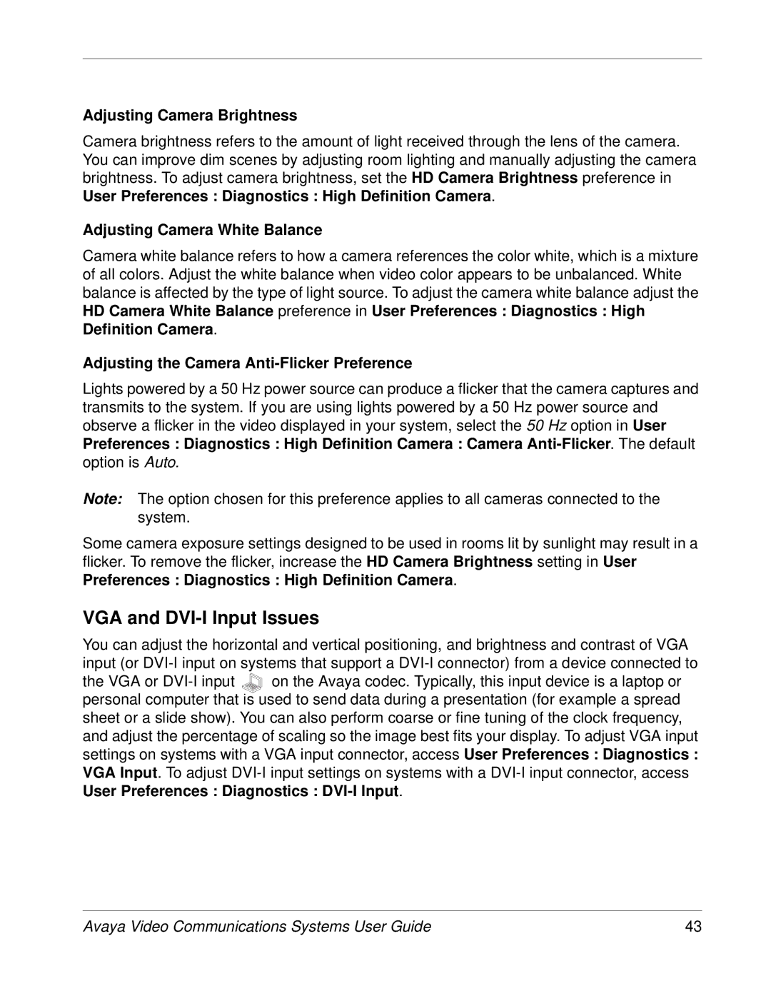 Avaya 1030, 1050, 1040 manual VGA and DVI-I Input Issues, Adjusting Camera Brightness, Adjusting Camera White Balance 