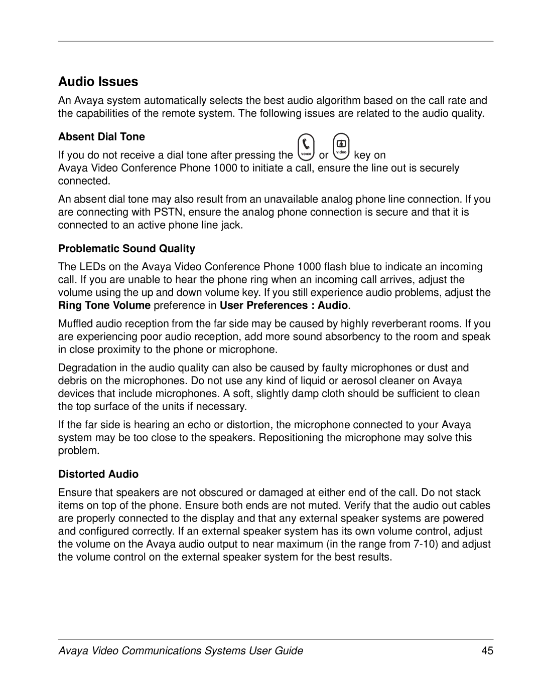 Avaya 1050, 1030, 1040 manual Audio Issues, Absent Dial Tone, Problematic Sound Quality, Distorted Audio 