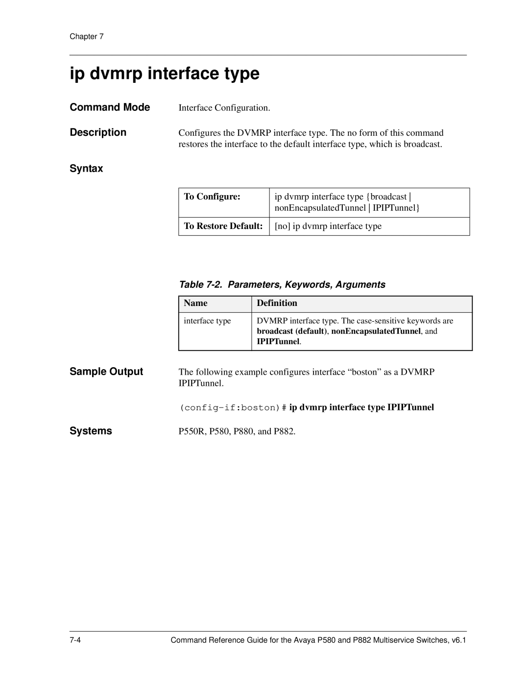 Avaya 106760804 manual Ip dvmrp interface type, Config-ifboston#ip dvmrp interface type IPIPTunnel 