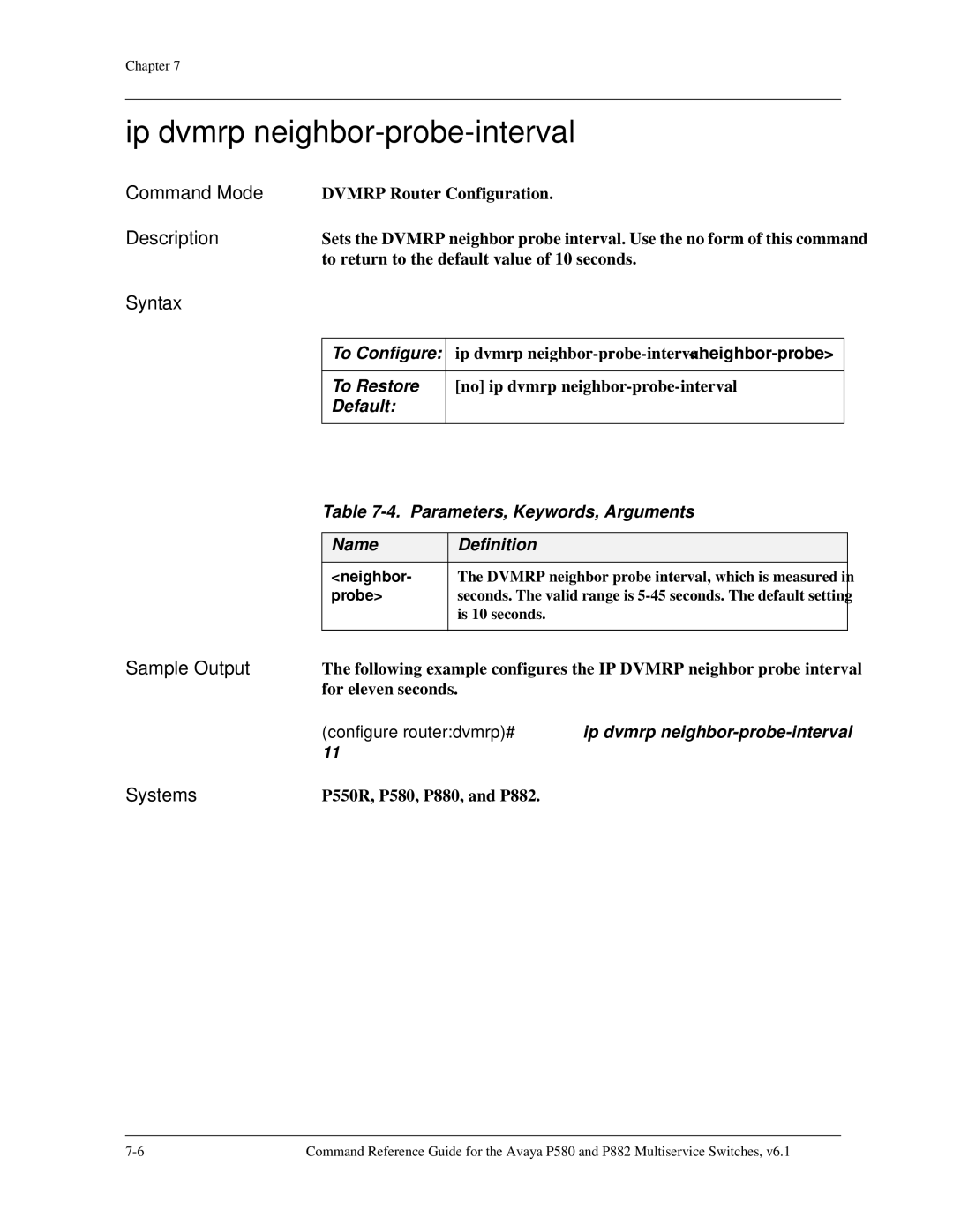 Avaya 106760804 manual Ip dvmrp neighbor-probe-interval 