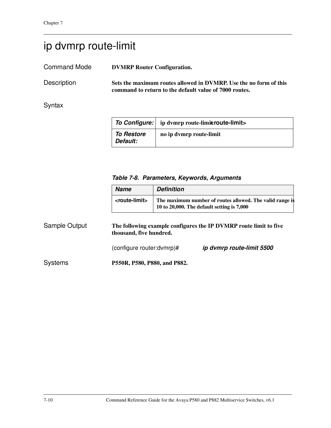 Avaya 106760804 manual Ip dvmrp route-limit, Thousand, five hundred 