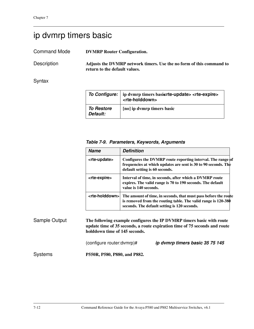 Avaya 106760804 manual Ip dvmrp timers basic 