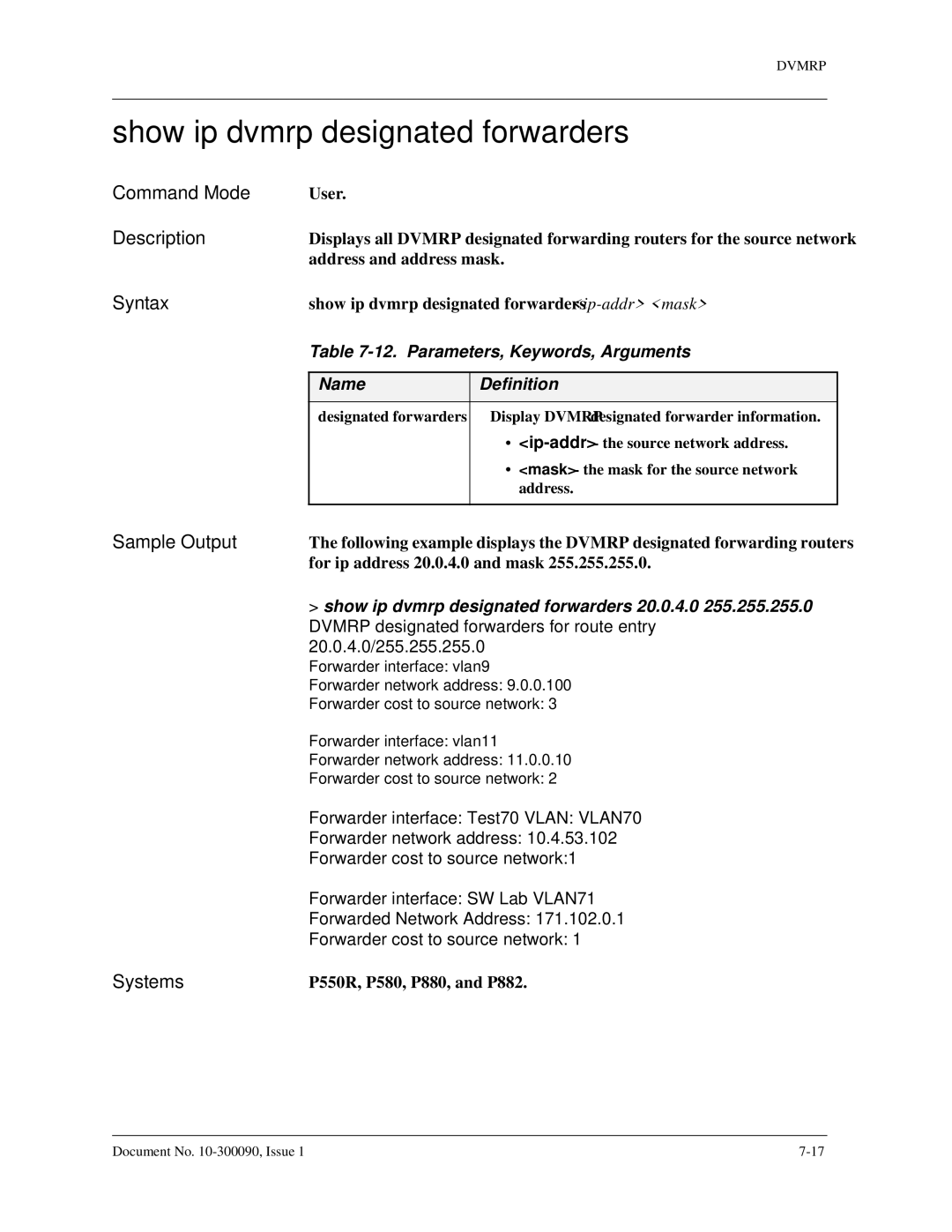 Avaya 106760804 manual Show ip dvmrp designated forwarders, For ip address 20.0.4.0 and mask 