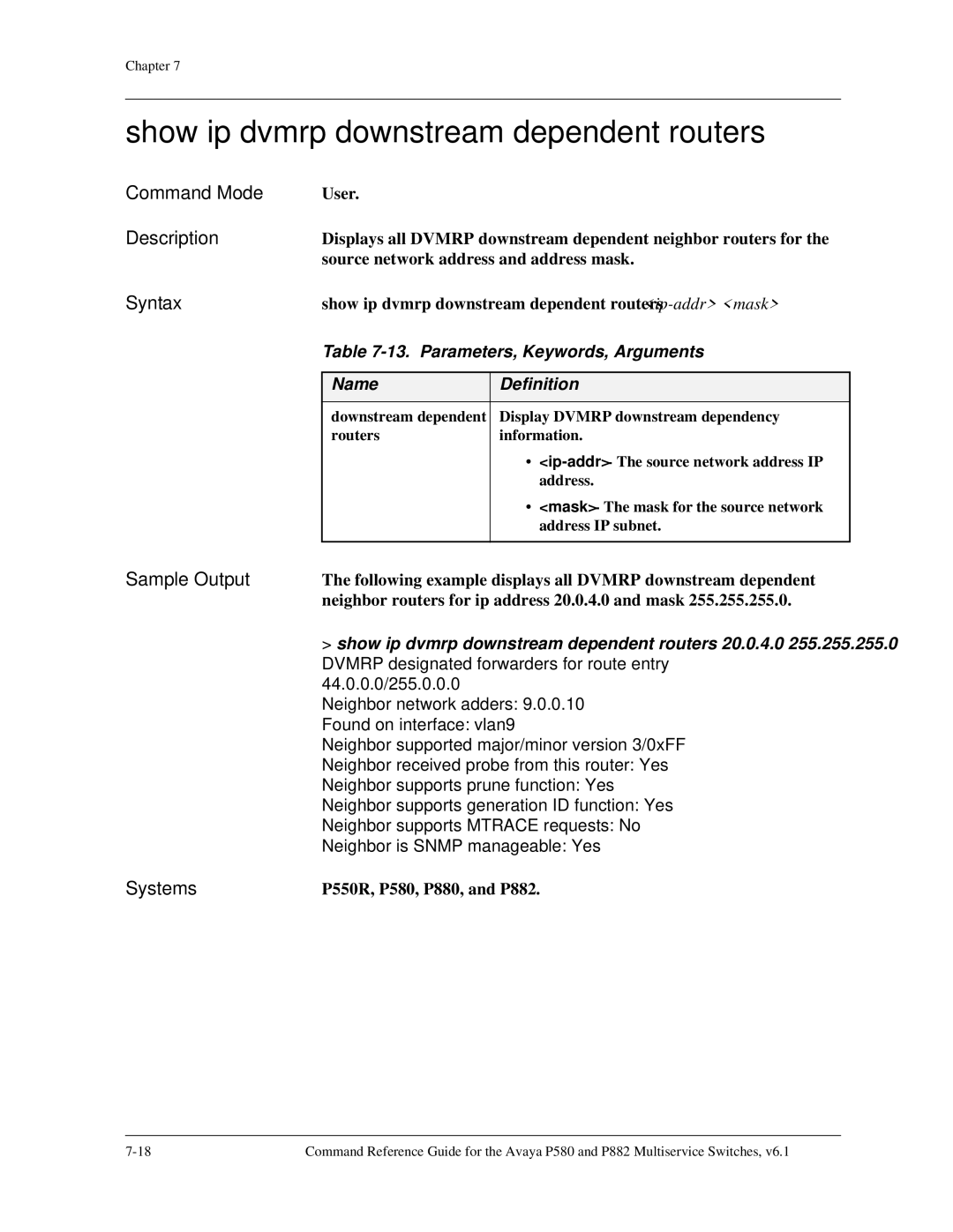 Avaya 106760804 manual Show ip dvmrp downstream dependent routers, Neighbor routers for ip address 20.0.4.0 and mask 