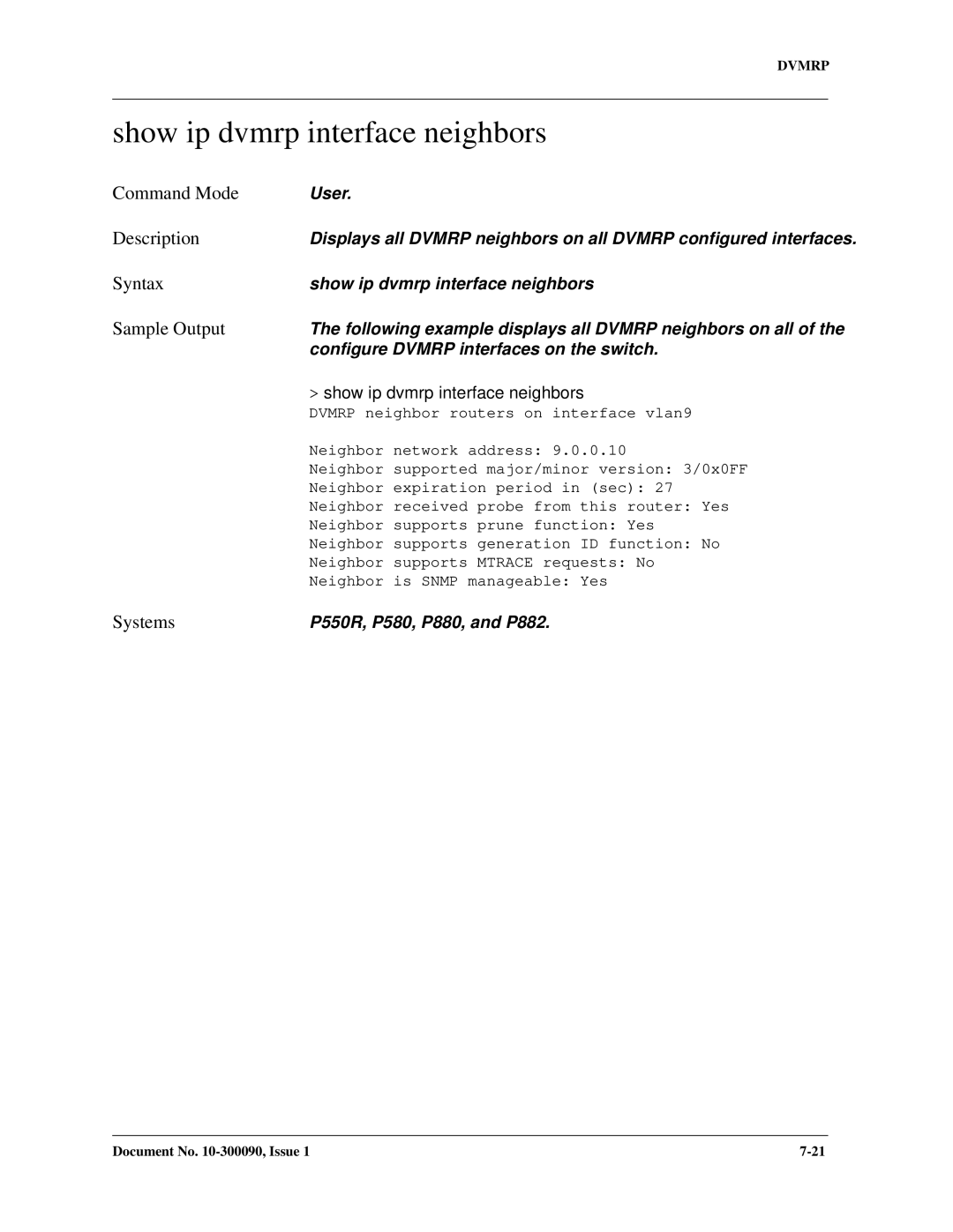 Avaya 106760804 manual Show ip dvmrp interface neighbors 