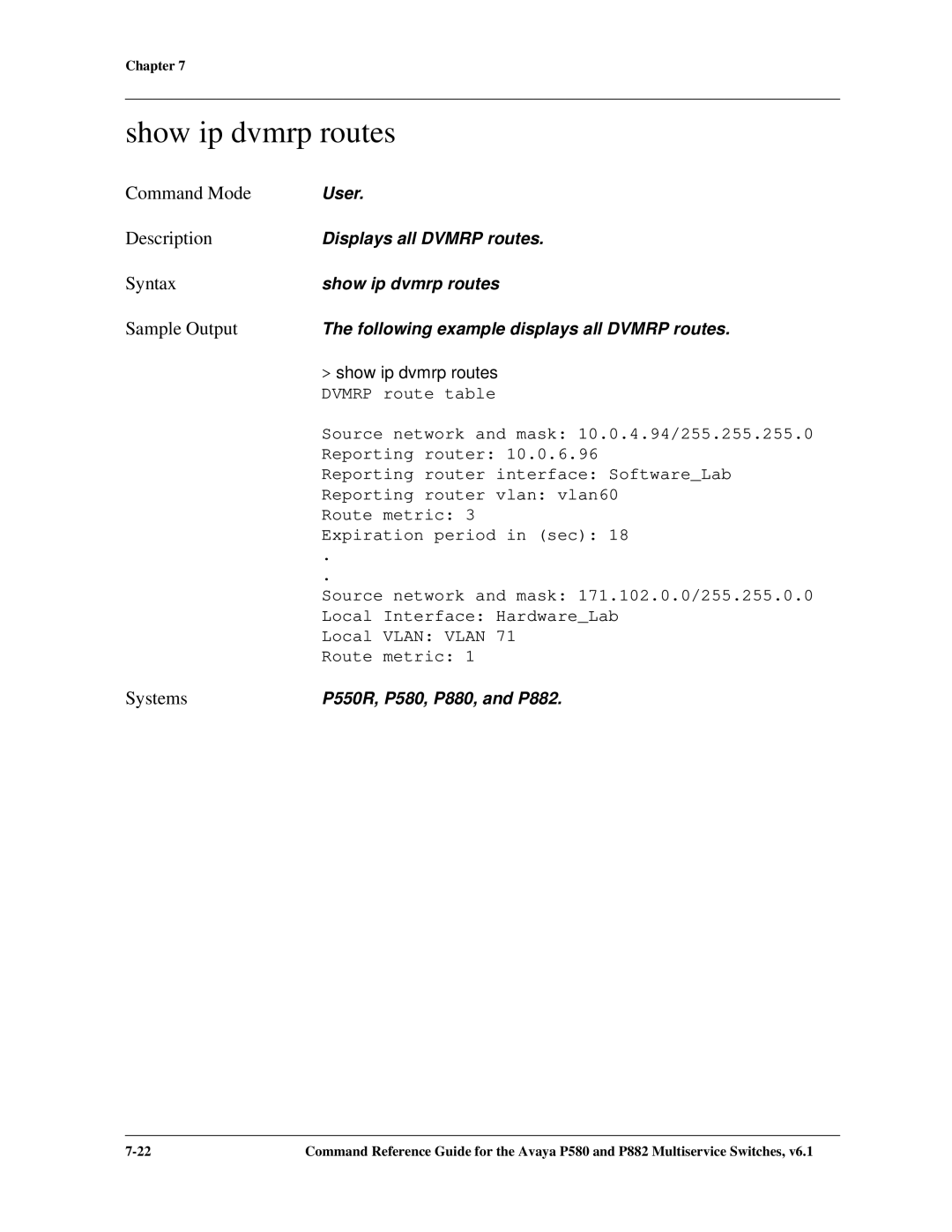 Avaya 106760804 manual Show ip dvmrp routes 