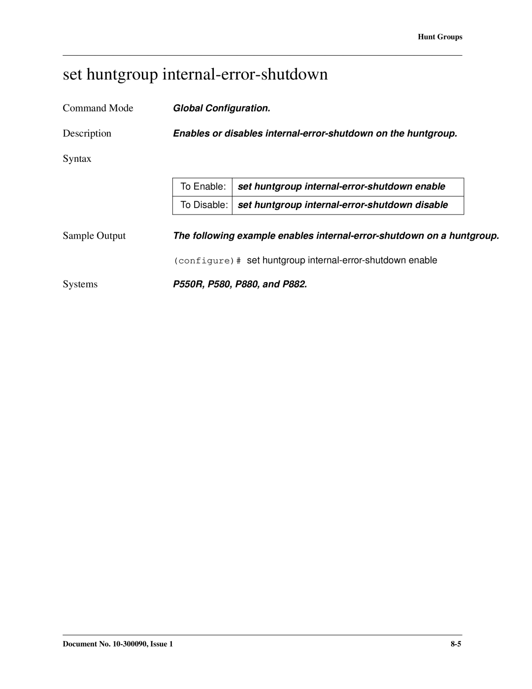 Avaya 106760804 manual Set huntgroup internal-error-shutdown, Configure# set huntgroup internal-error-shutdown enable 