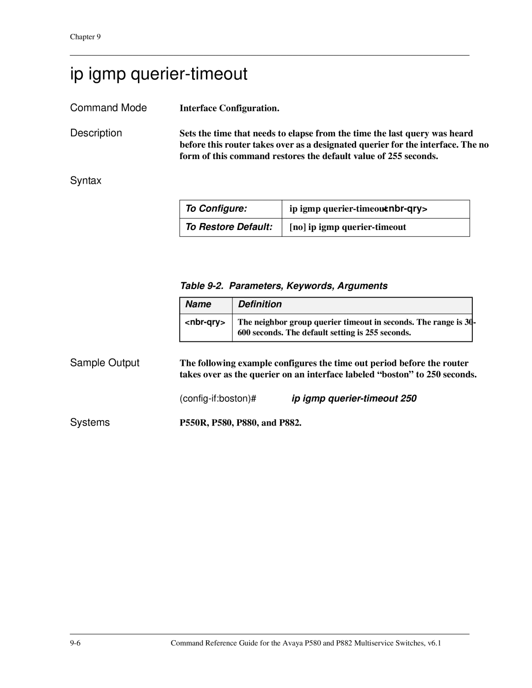 Avaya 106760804 manual Ip igmp querier-timeout, Config-ifboston#ip igmp querier-timeout 