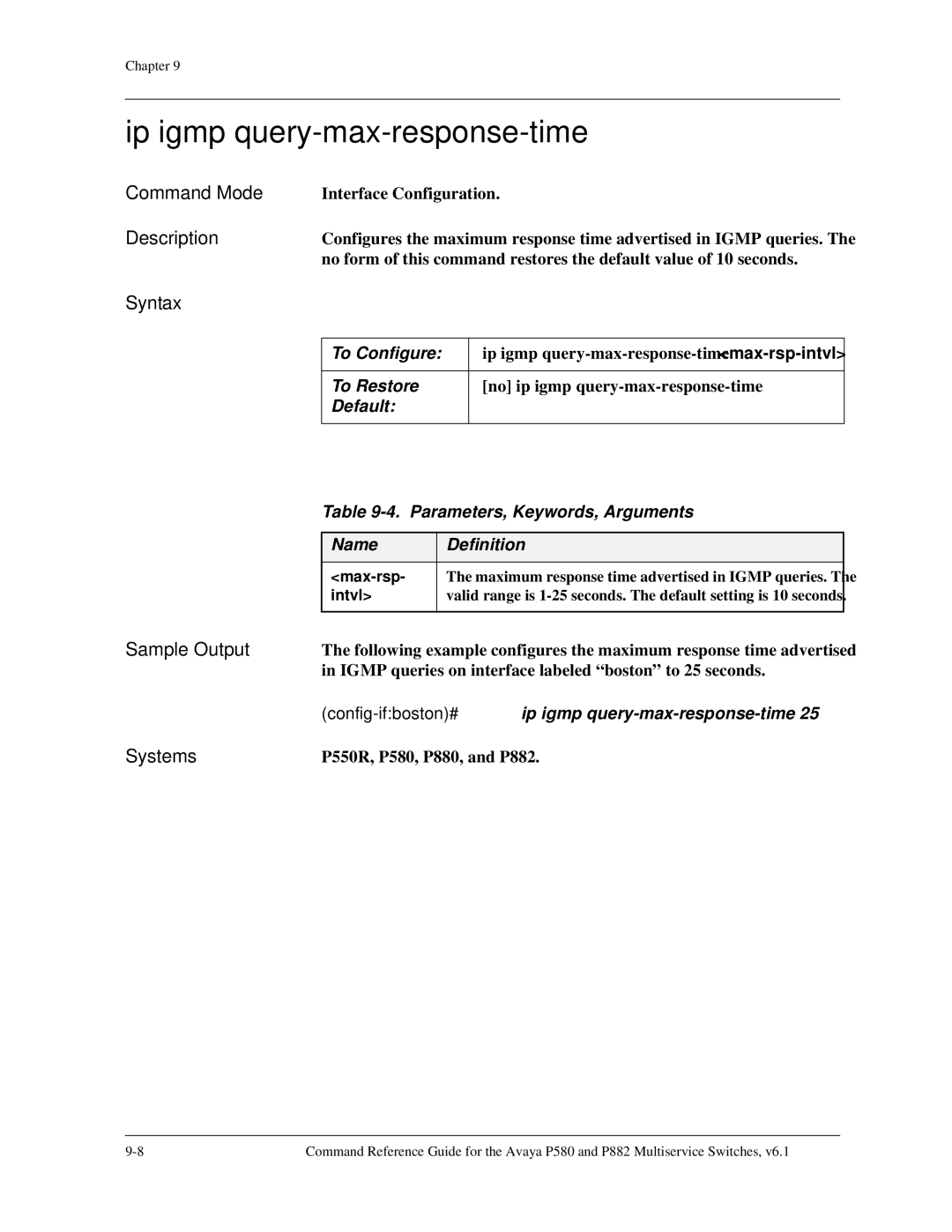 Avaya 106760804 manual Ip igmp query-max-response-time, To Restore 