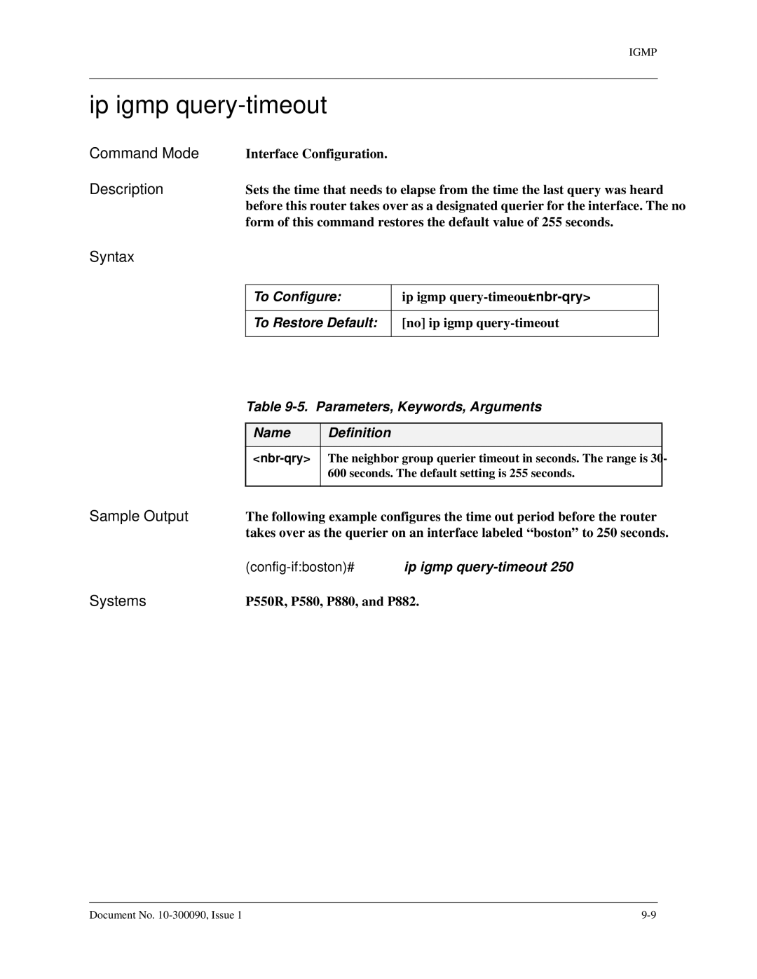 Avaya 106760804 manual Ip igmp query-timeout, Config-ifboston#ip igmp query-timeout 
