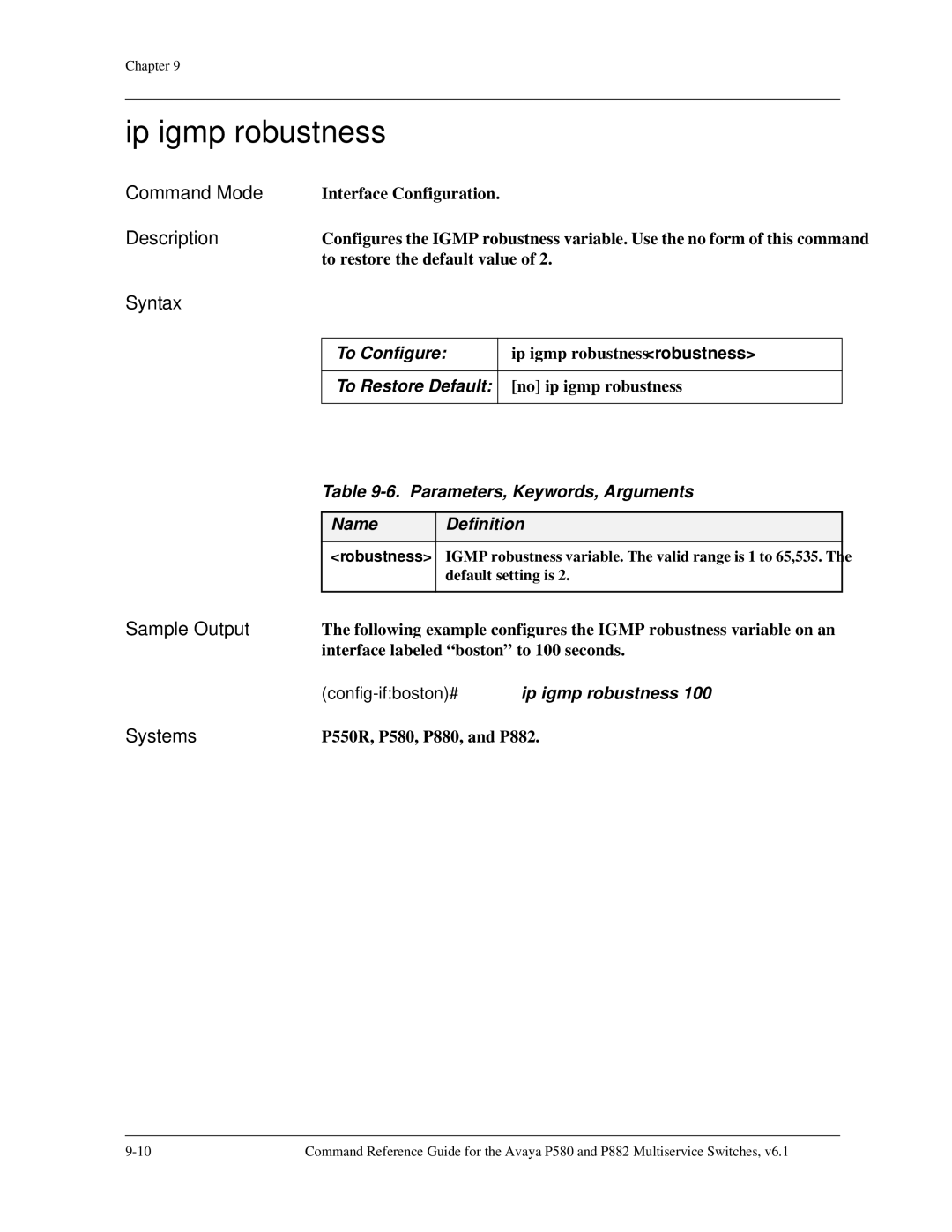 Avaya 106760804 manual Ip igmp robustness 