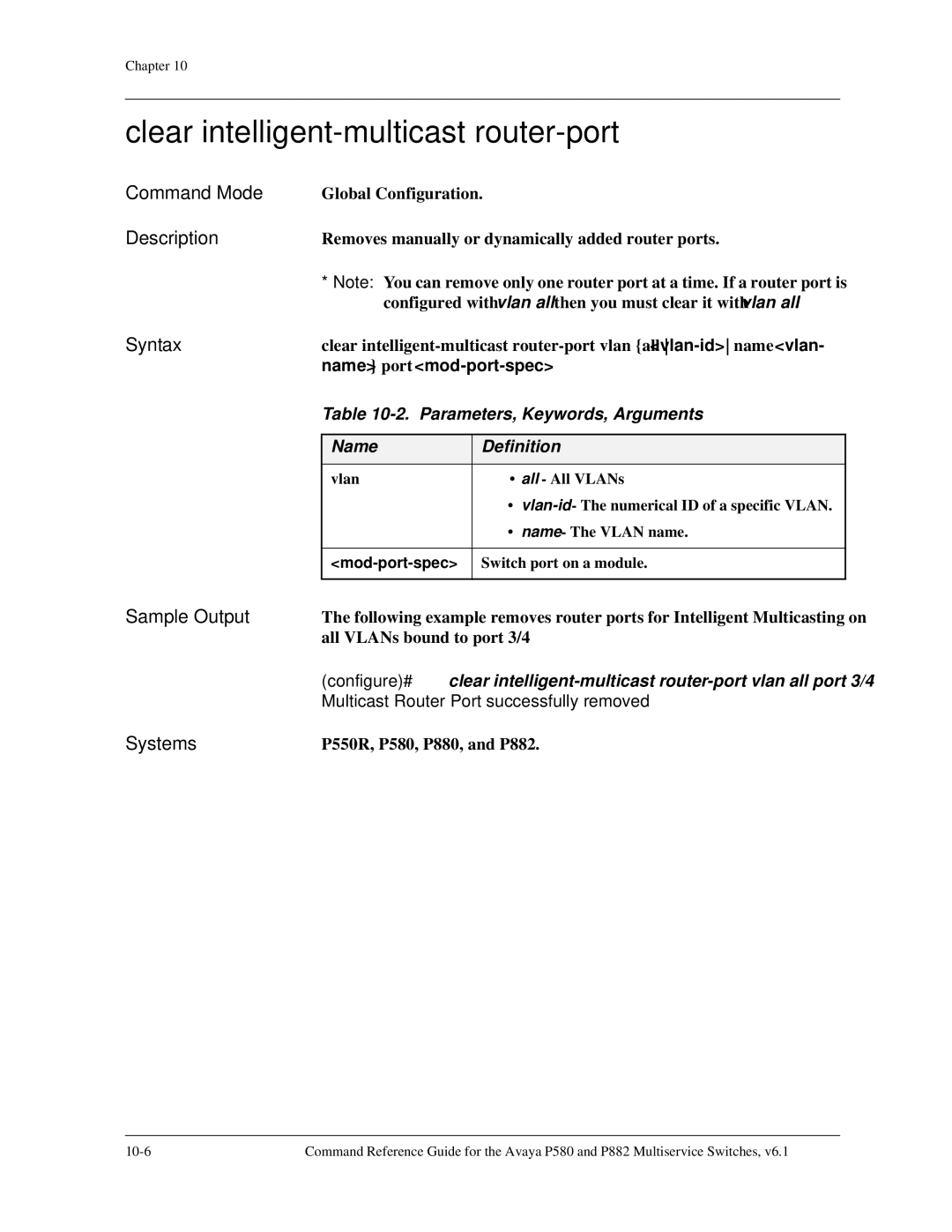 Avaya 106760804 manual Clear intelligent-multicast router-port, All VLANs bound to port 3/4 