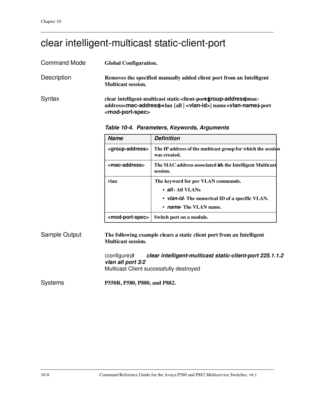 Avaya 106760804 manual Clear intelligent-multicast static-client-port, Vlan all port 3/2, Group-address, Mac-address 