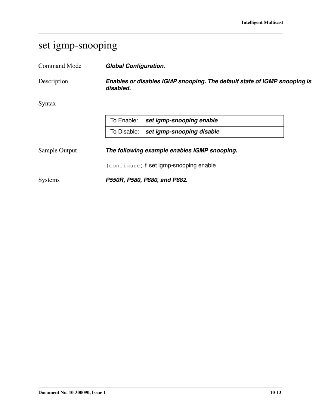 Avaya 106760804 manual Set igmp-snooping, Configure# set igmp-snooping enable 