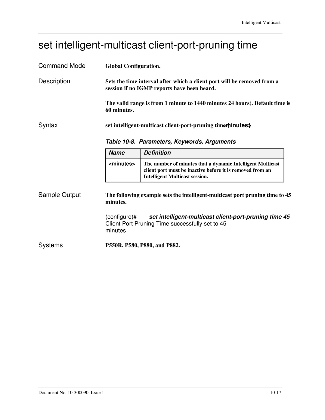 Avaya 106760804 manual Set intelligent-multicast client-port-pruning time, Minutes 