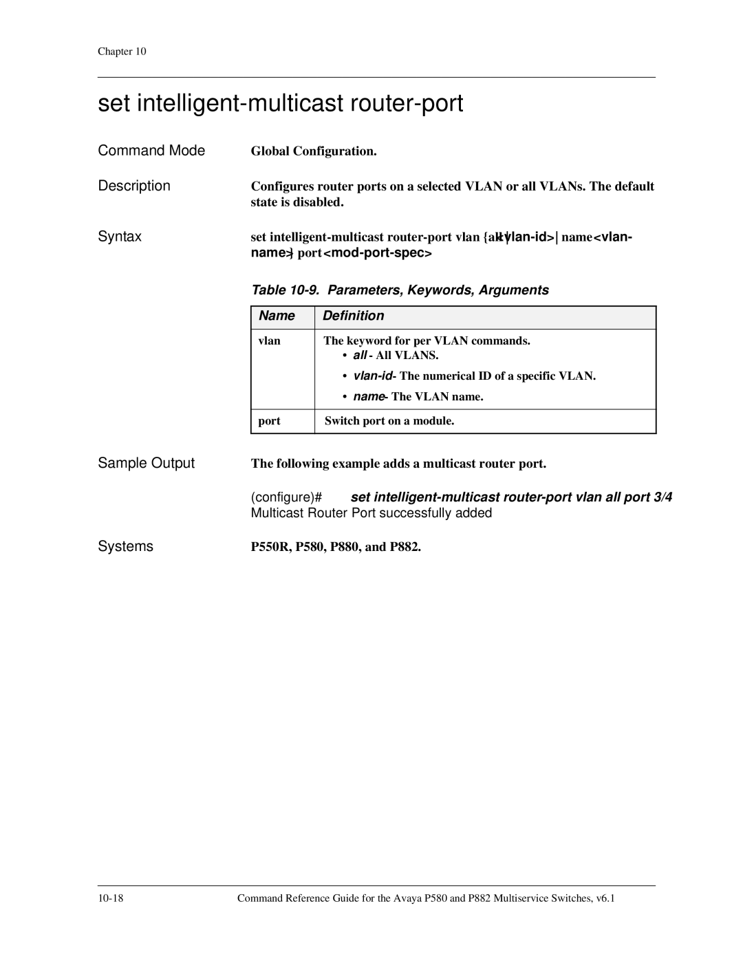 Avaya 106760804 manual Set intelligent-multicast router-port, Following example adds a multicast router port 