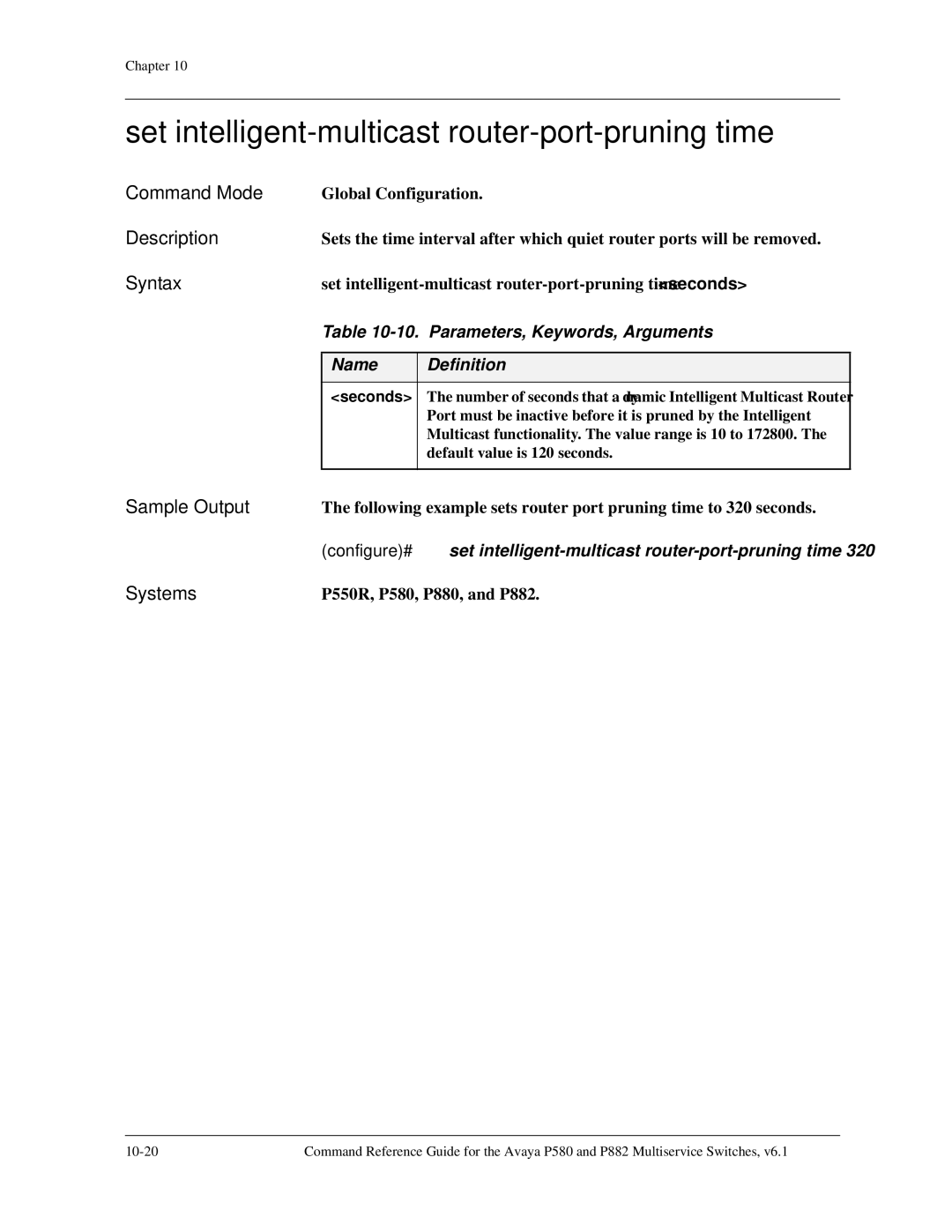 Avaya 106760804 manual Set intelligent-multicast router-port-pruning time, Parameters, Keywords, Arguments 