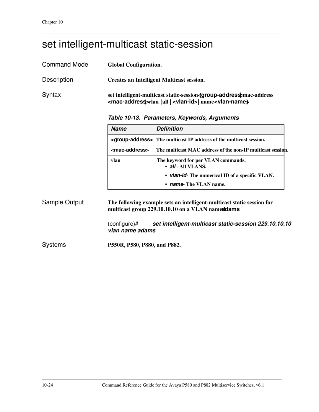 Avaya 106760804 manual Set intelligent-multicast static-session, Vlan name adams 