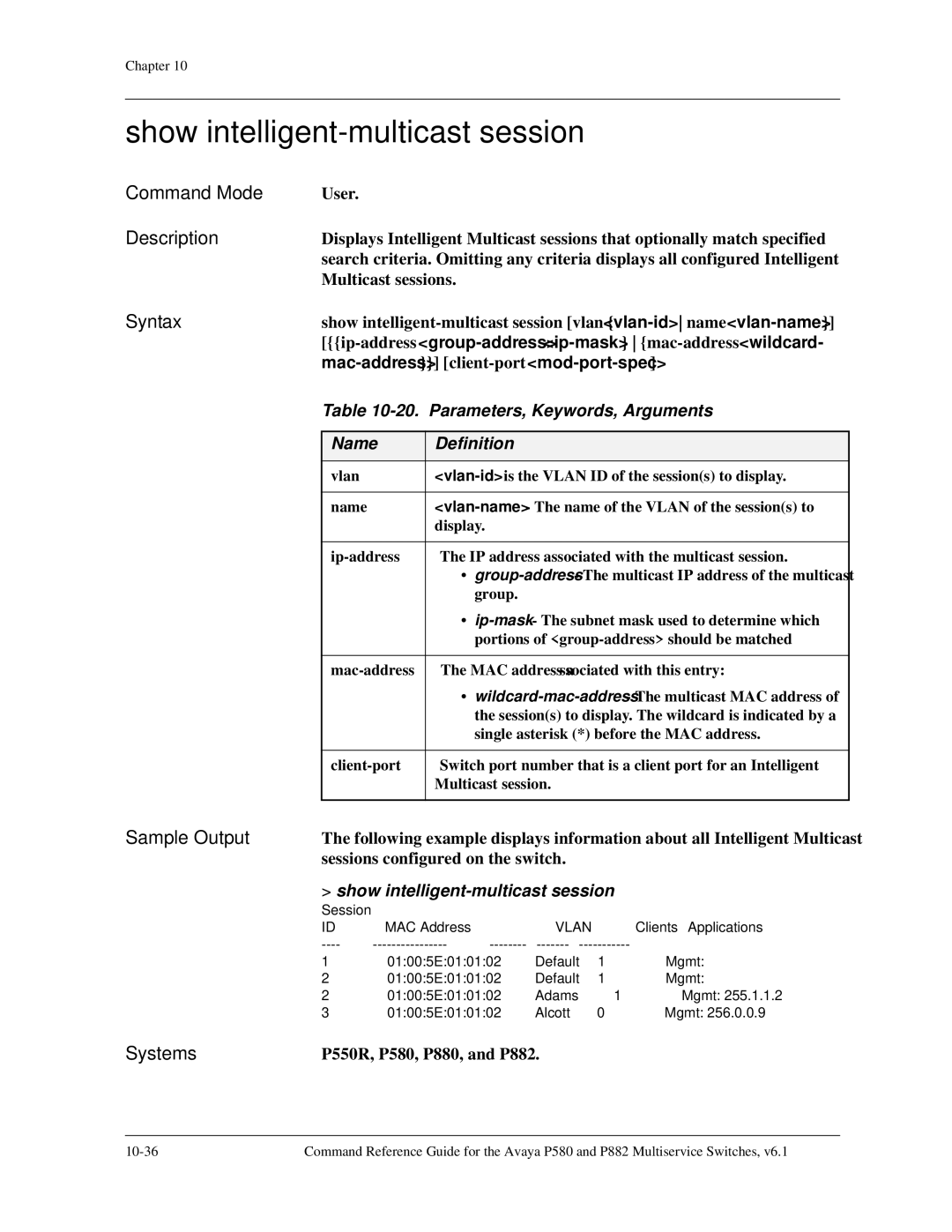 Avaya 106760804 manual Show intelligent-multicast session, Parameters, Keywords, Arguments 