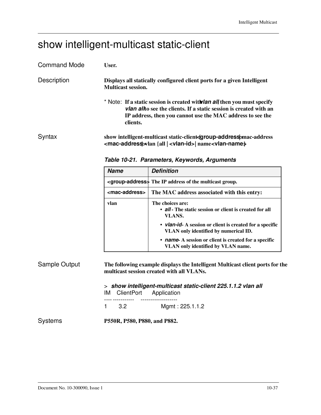 Avaya 106760804 manual Show intelligent-multicast static-client, Parameters, Keywords, Arguments 