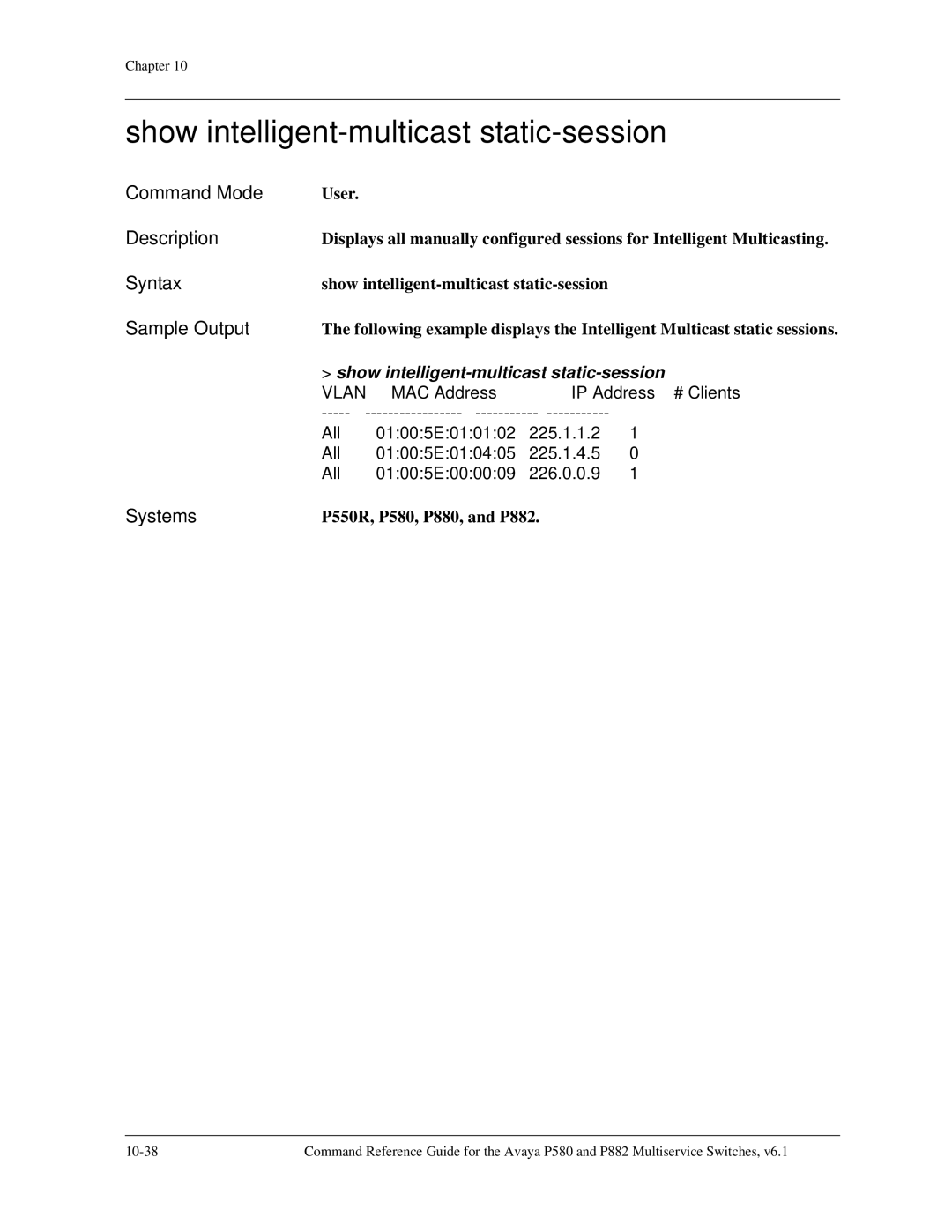 Avaya 106760804 manual Show intelligent-multicast static-session 