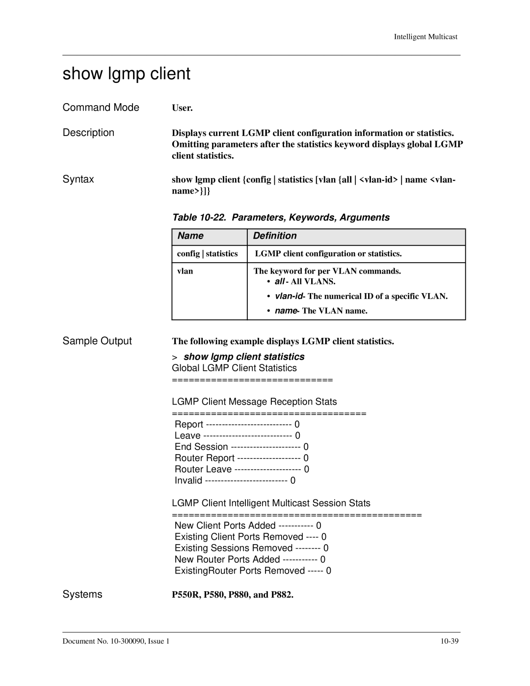 Avaya 106760804 manual Parameters, Keywords, Arguments, Show lgmp client statistics 