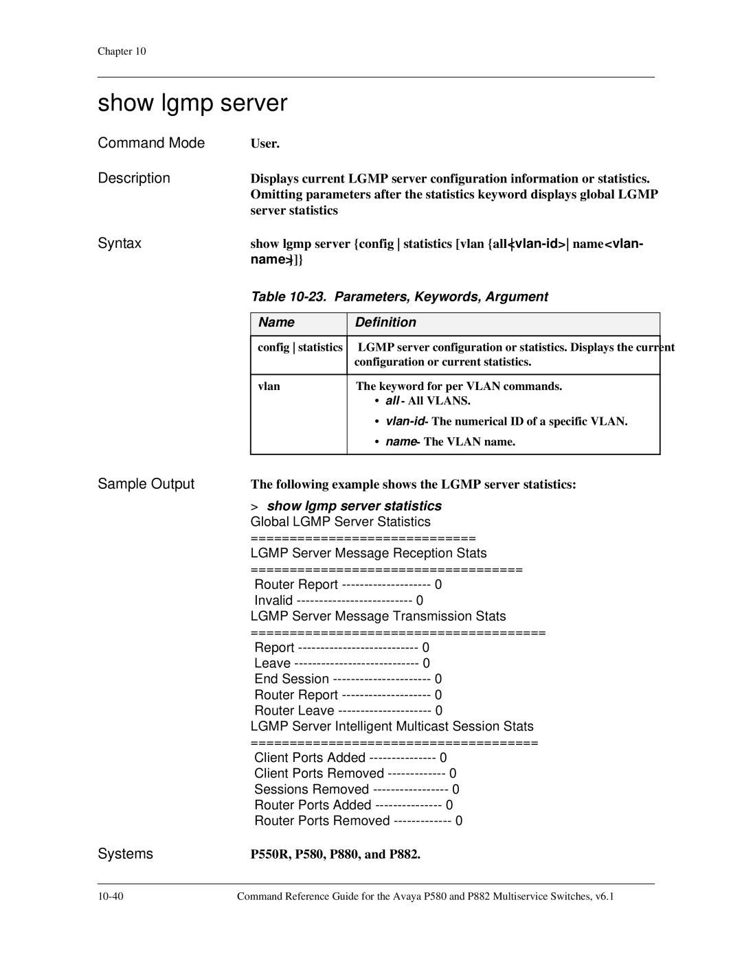 Avaya 106760804 manual Parameters, Keywords, Argument, Show lgmp server statistics 