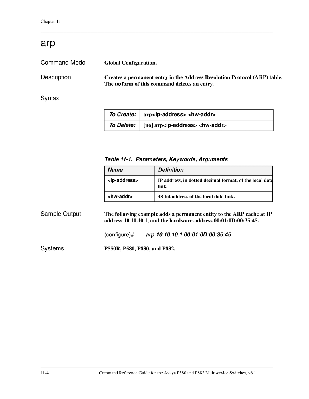 Avaya 106760804 manual Arp, To Create 