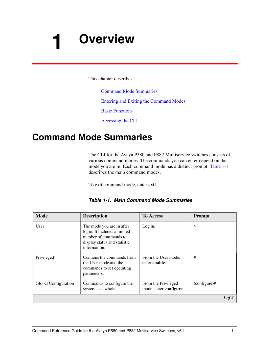 Avaya 106760804 manual Main Command Mode Summaries, Mode Description To Access Prompt 