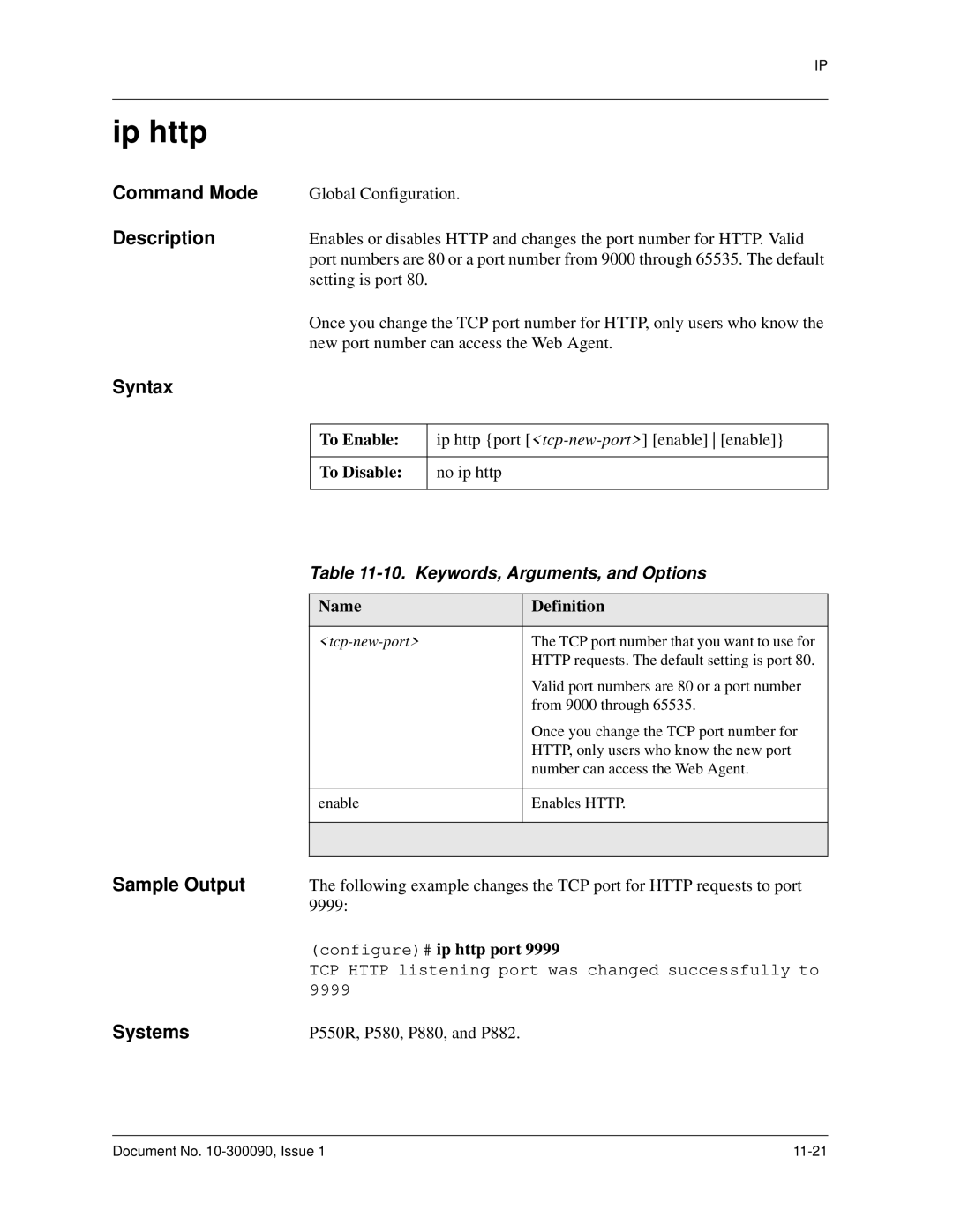 Avaya 106760804 manual Ip http, Keywords, Arguments, and Options, Configure# ip http port 