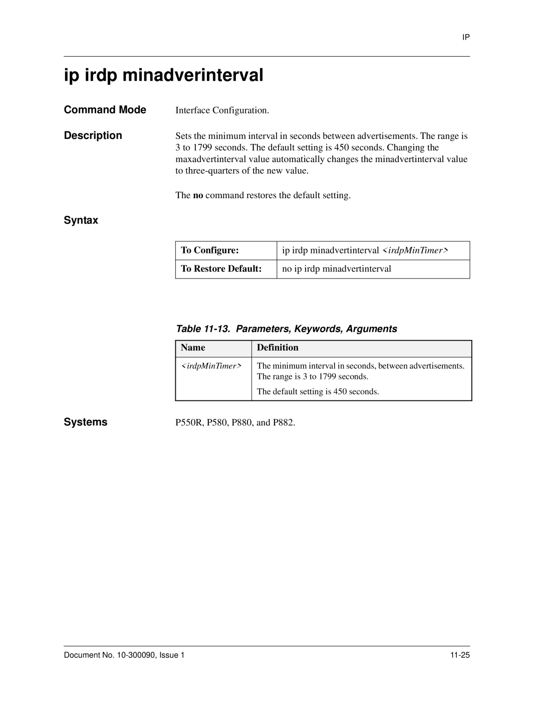 Avaya 106760804 manual Ip irdp minadverinterval, Parameters, Keywords, Arguments 