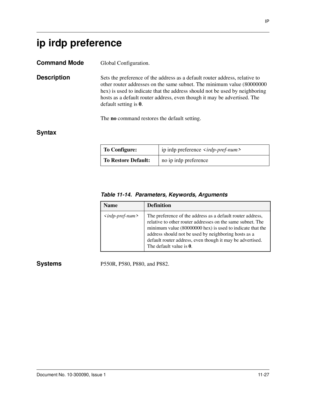 Avaya 106760804 manual Ip irdp preference, Parameters, Keywords, Arguments 