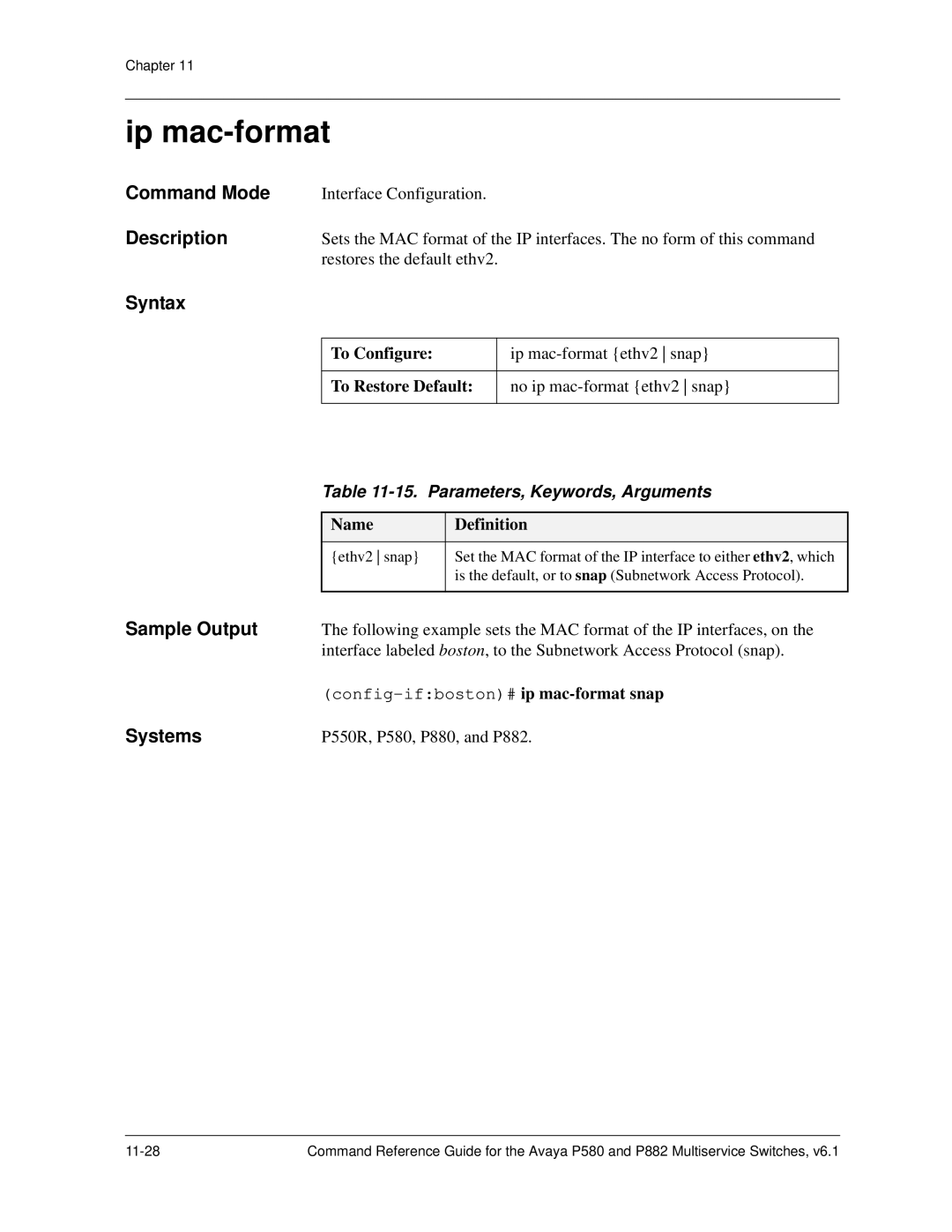 Avaya 106760804 manual Ip mac-format, Parameters, Keywords, Arguments 